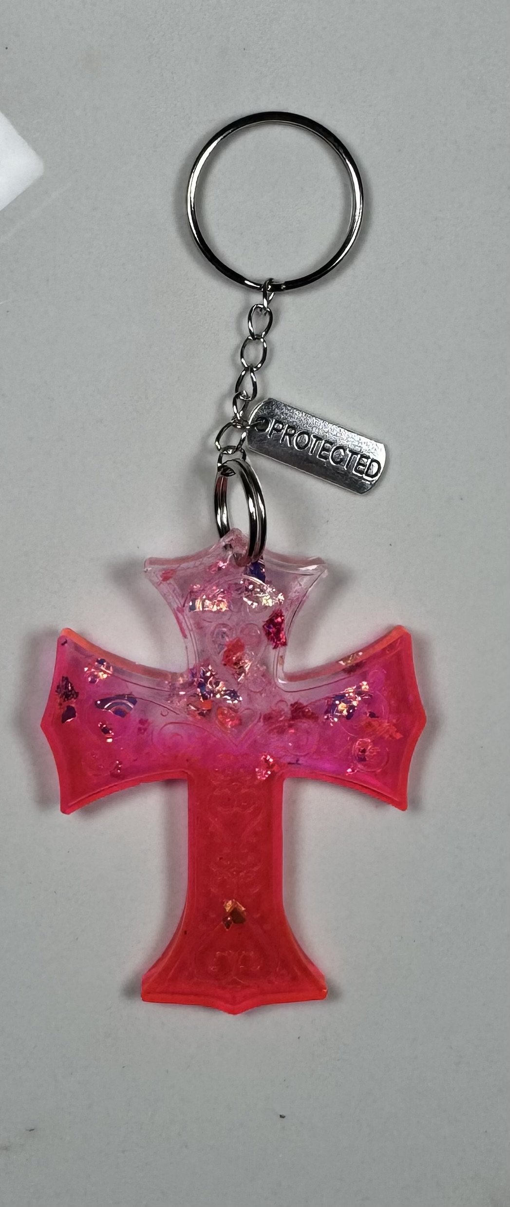 Hot Pink Resin Cross Keychain with 'Protected' Charm #49
