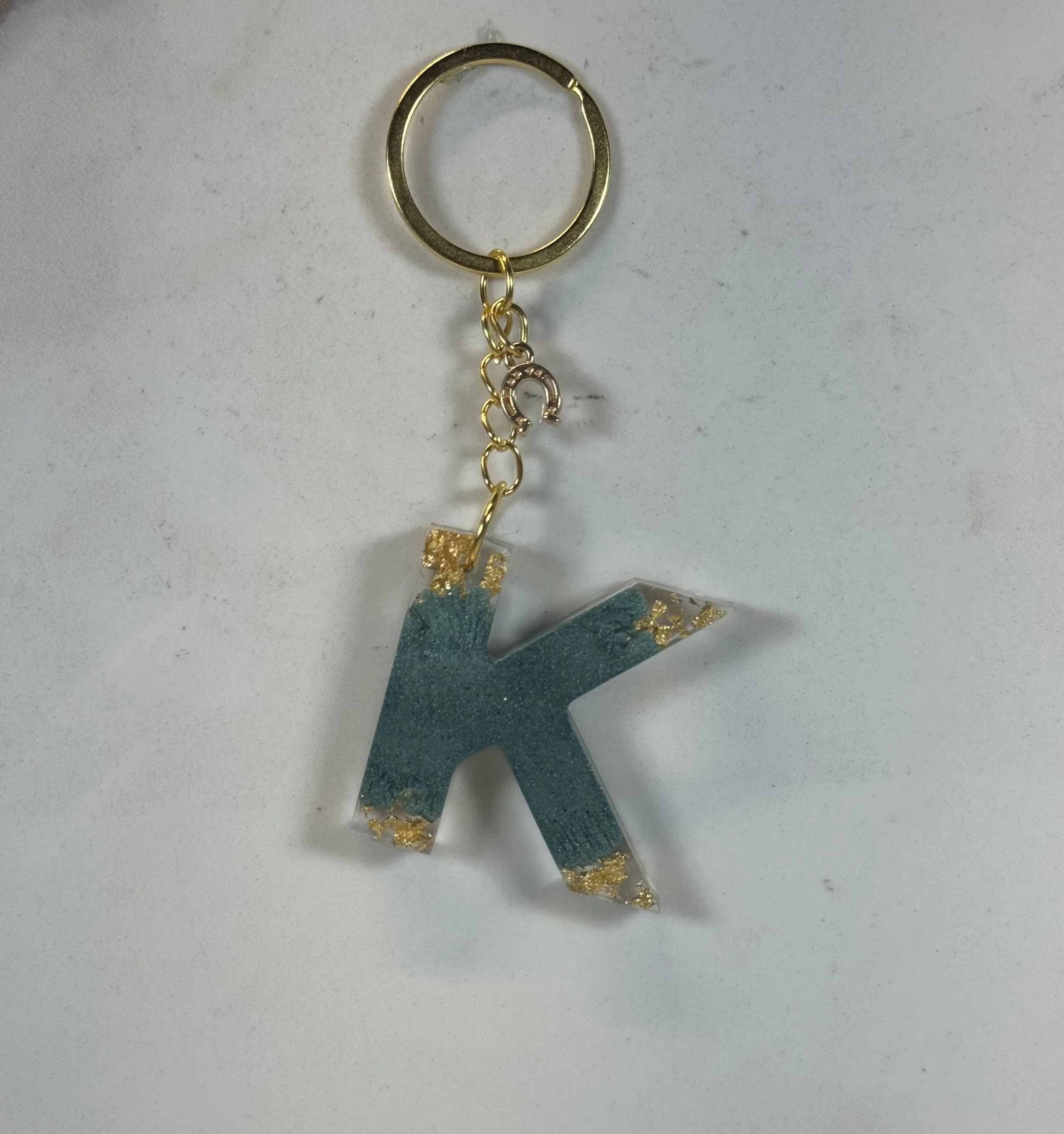 Turquoise & Gold Resin 'K' Keychain with Horseshoe Charm