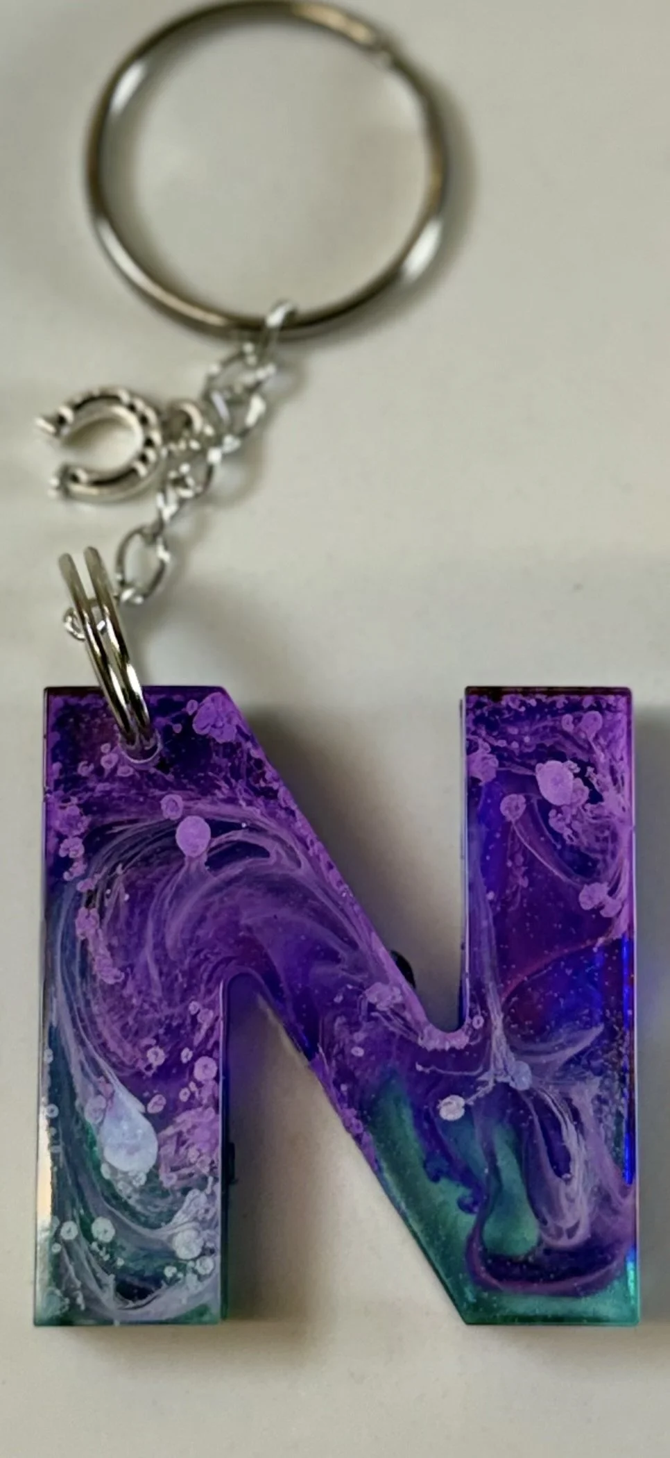 Handmade Resin Letter 'N' Keychain with Silver Charm #75