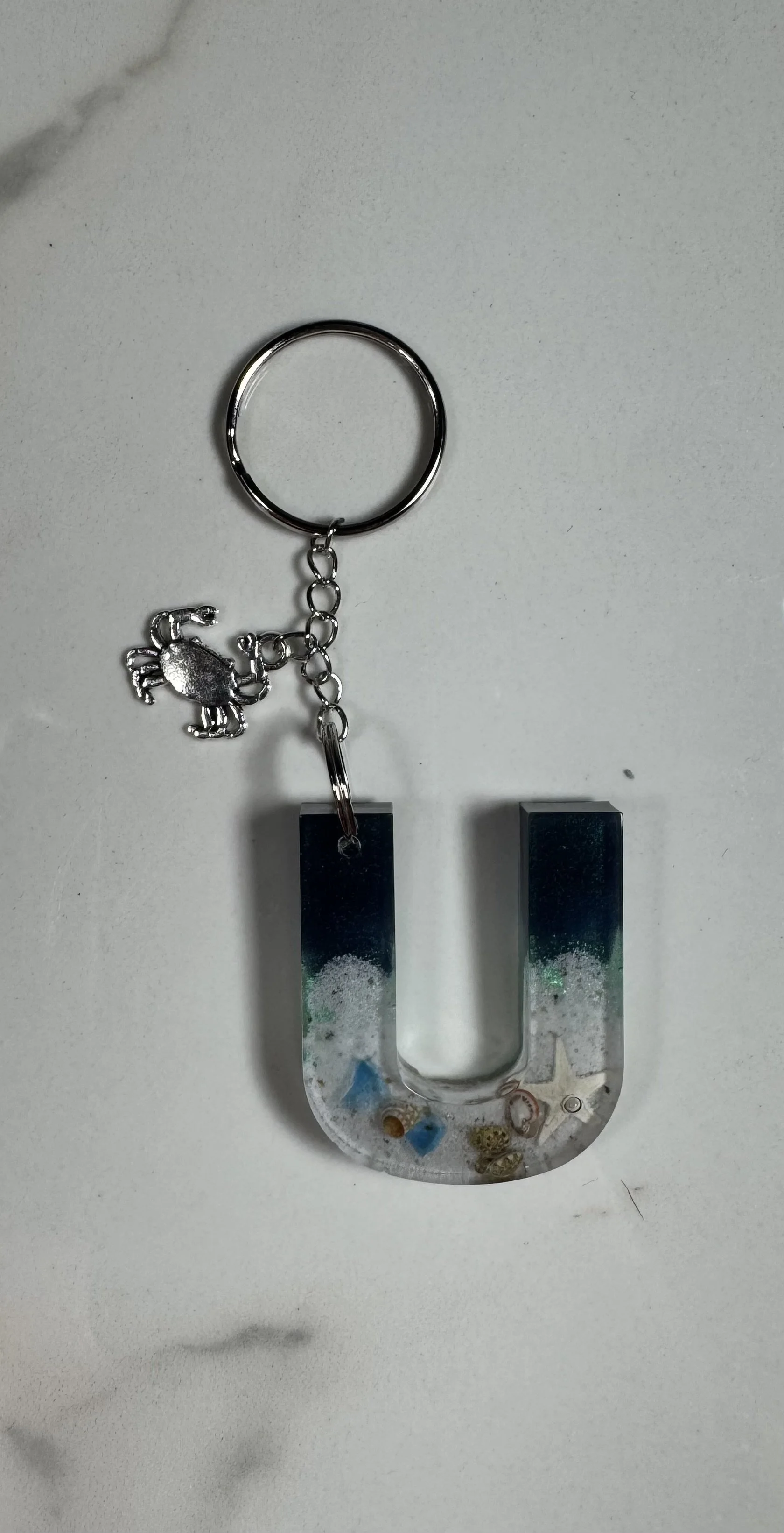 Ocean-Themed Resin Letter U Keychain with Crab Charm #234