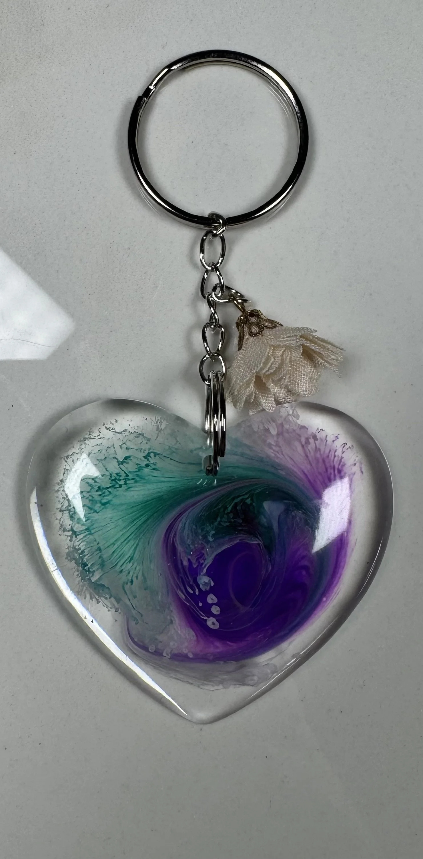 Vibrant Swirl Resin Heart Keychain with Flower Charm #221
