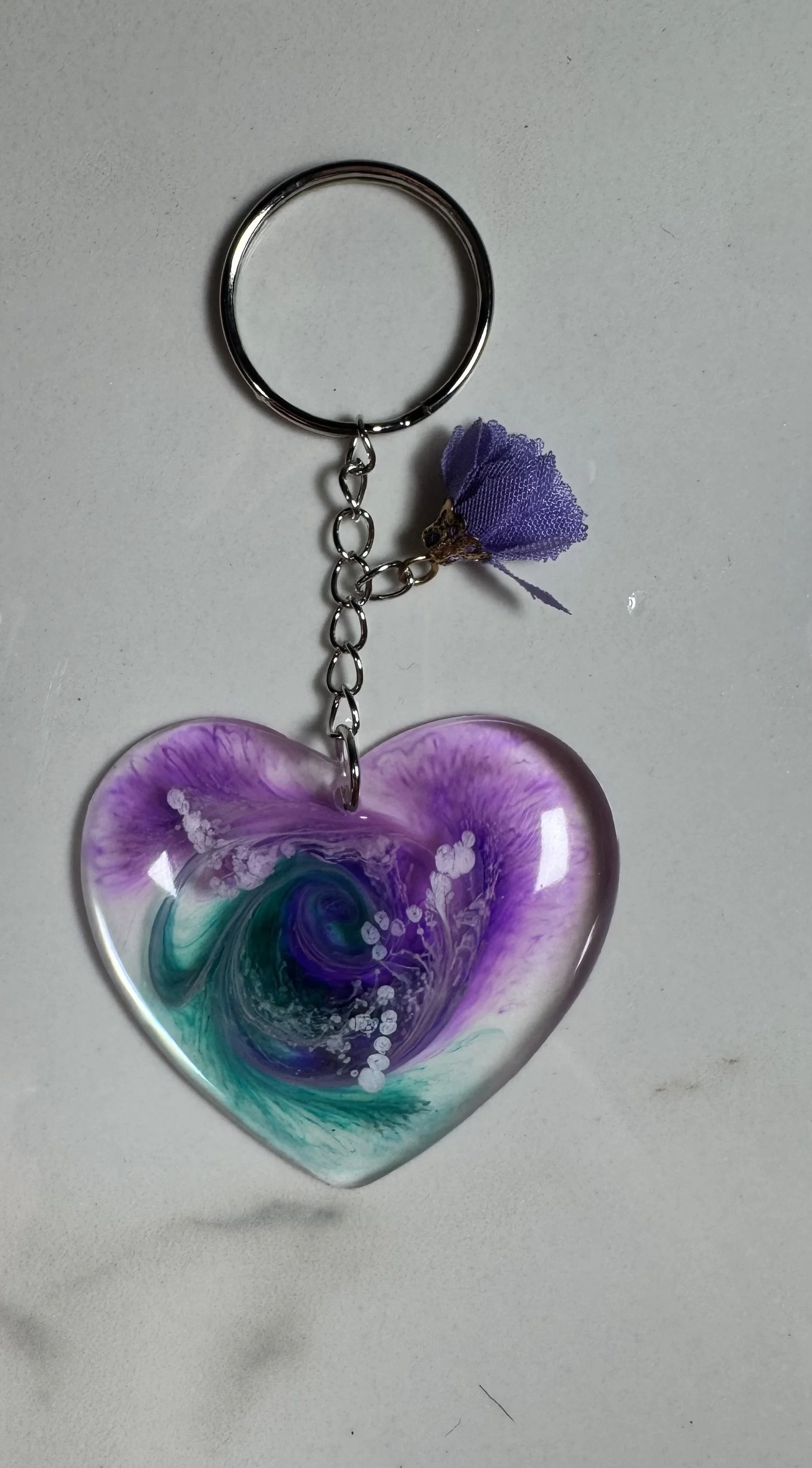 Handmade Resin Heart Keychain with Purple Flower Charm #257