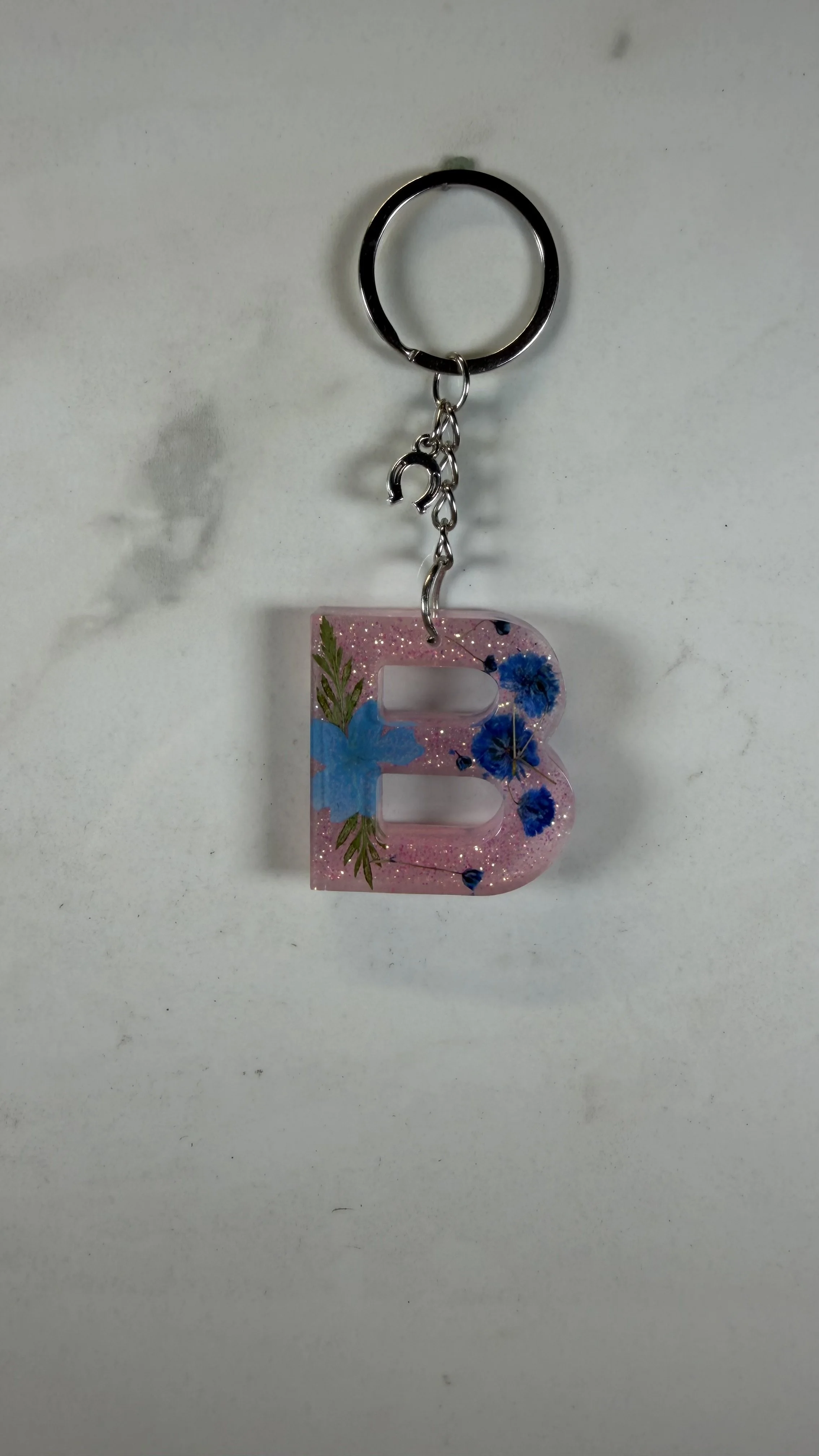 Floral Resin Letter 'B' Keychain with Horseshoe Charm