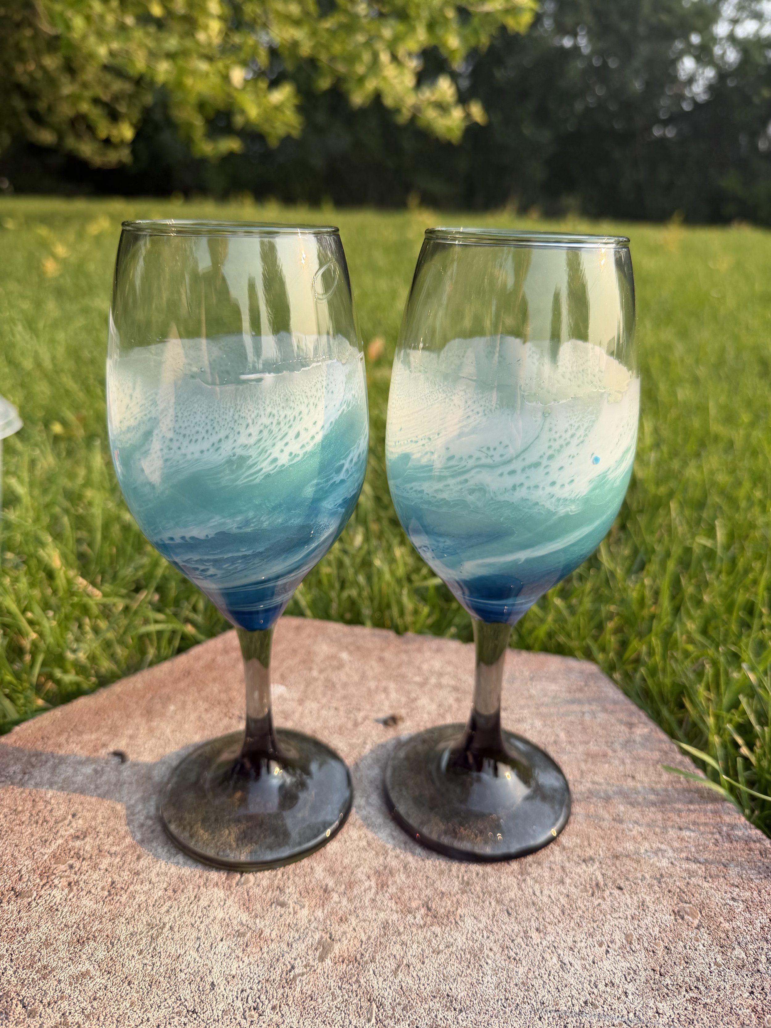 Ocean Wave Resin Wine Glass Set Black Stem #28