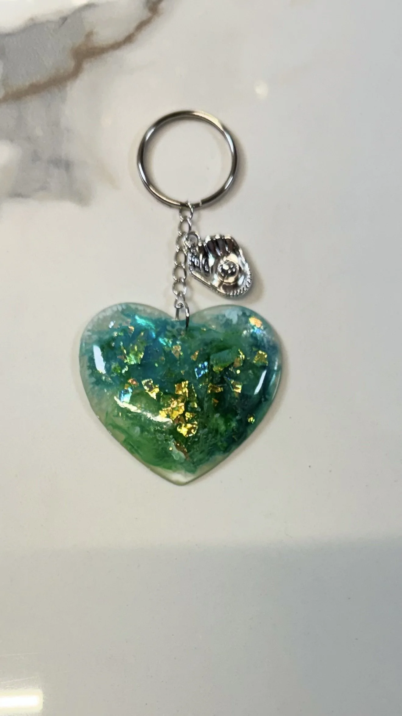 Sparkling Heart Resin Keychain with Softball Mit Charm #274