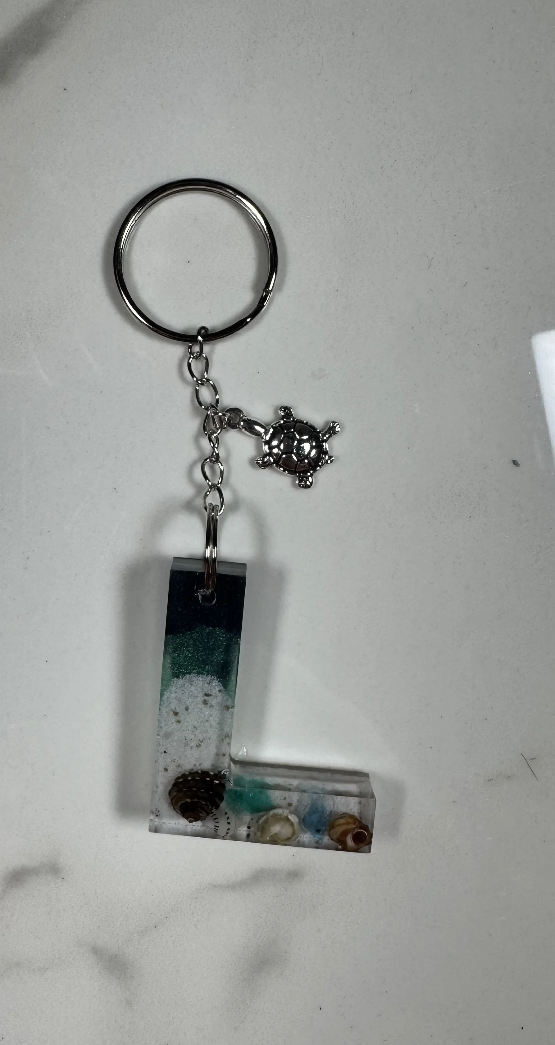 Ocean-Themed Resin Letter L Keychain with Turtle Charm #214