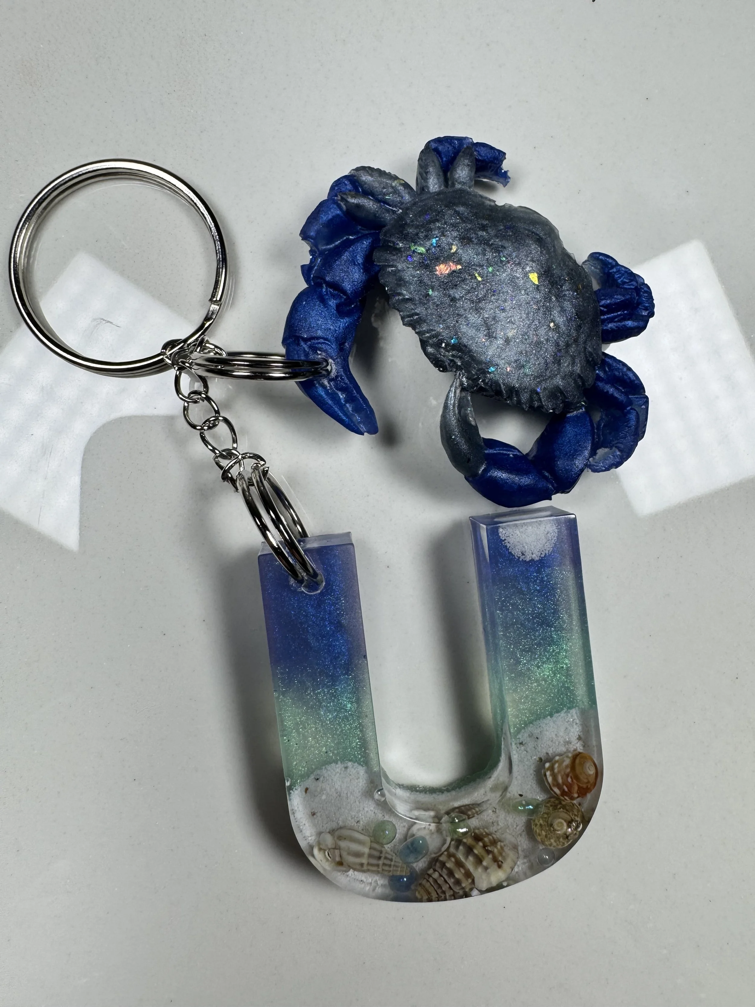 Oceanic Resin Letter U Keychain with Crab Charm #233