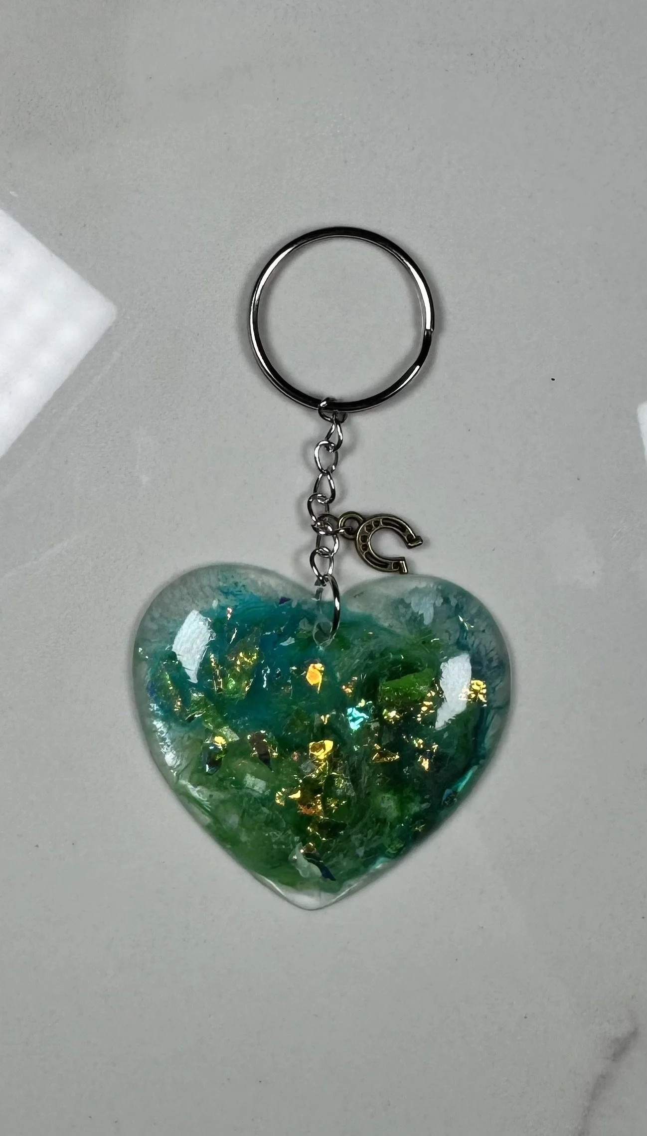 Sparkling Heart Resin Keychain with Horseshoe Charm #274