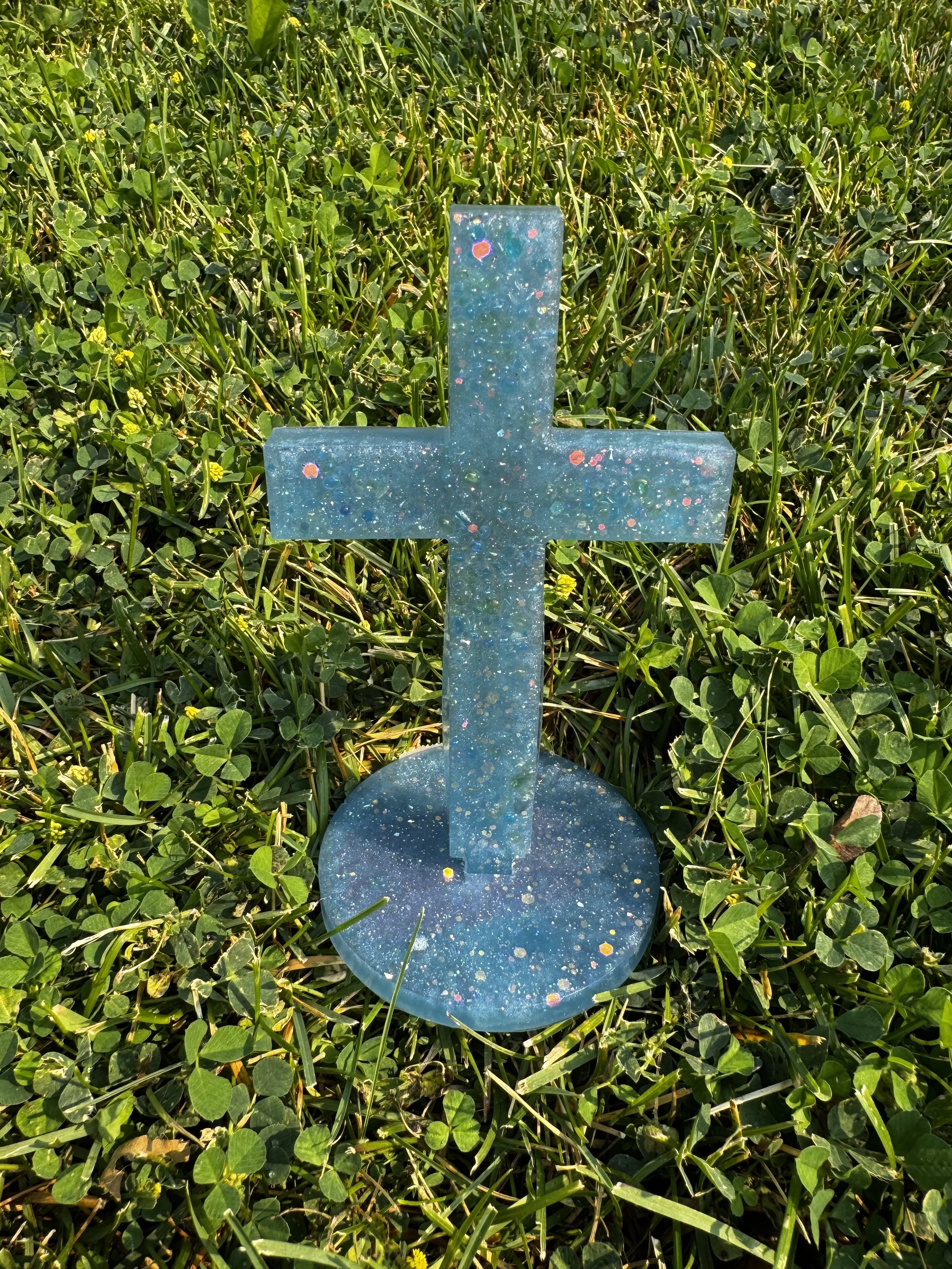 Blue Glitter Resin Cross with Stand #90