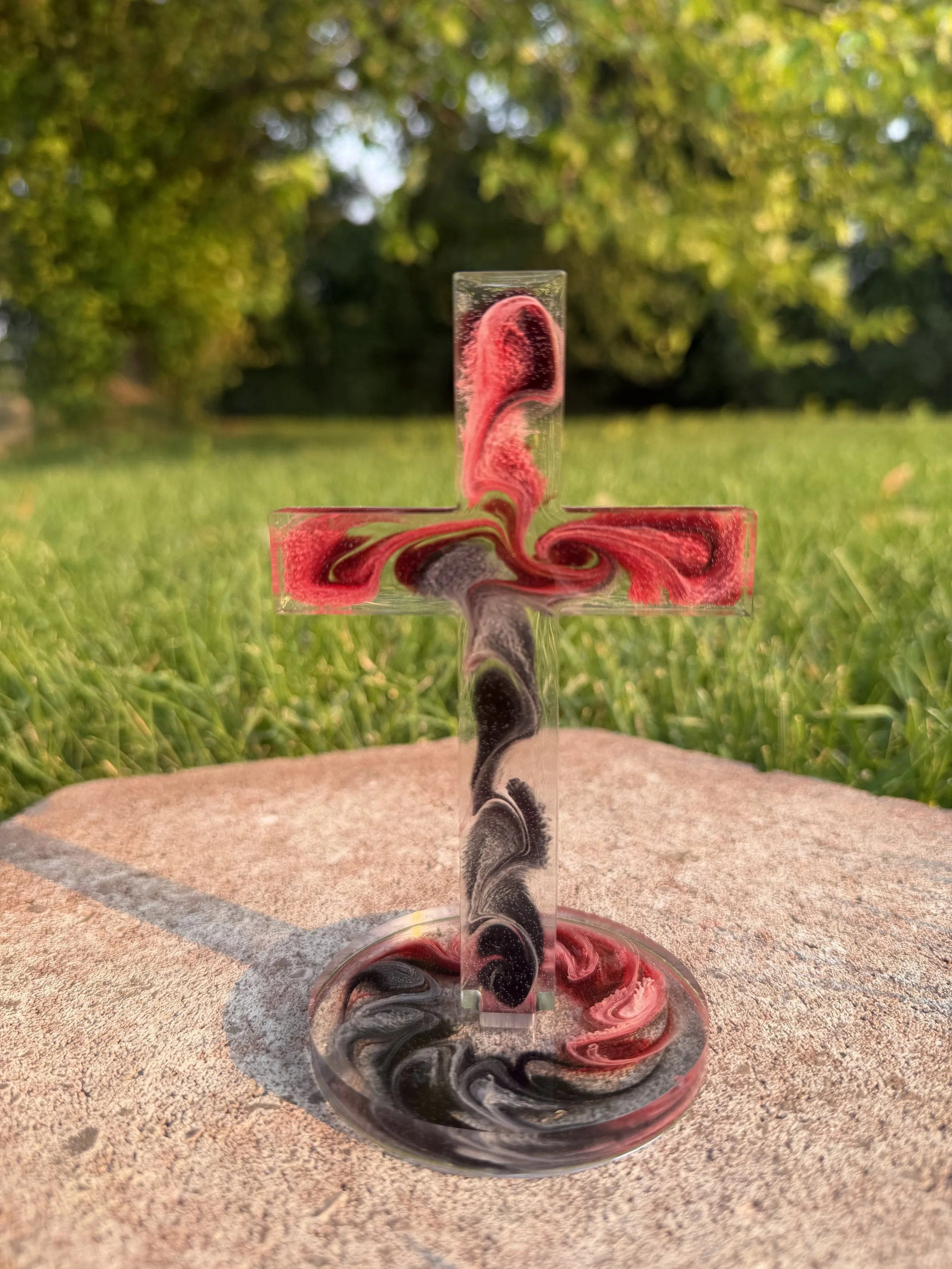 Resin Cross with Stand - Red, Black & Clear Swirls #189