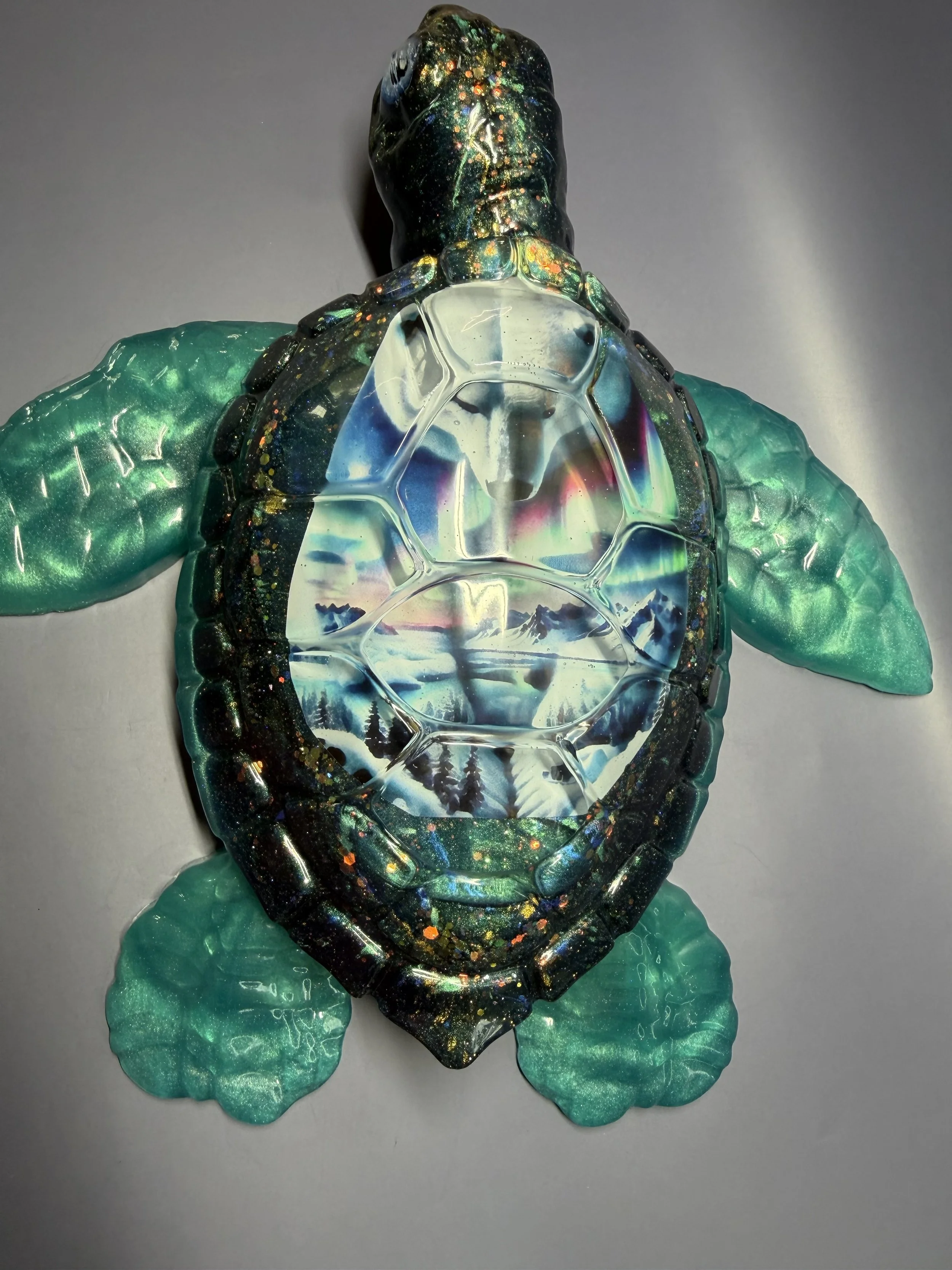Large Glittery Resin Turtle With Polar Bear Aurora Shell