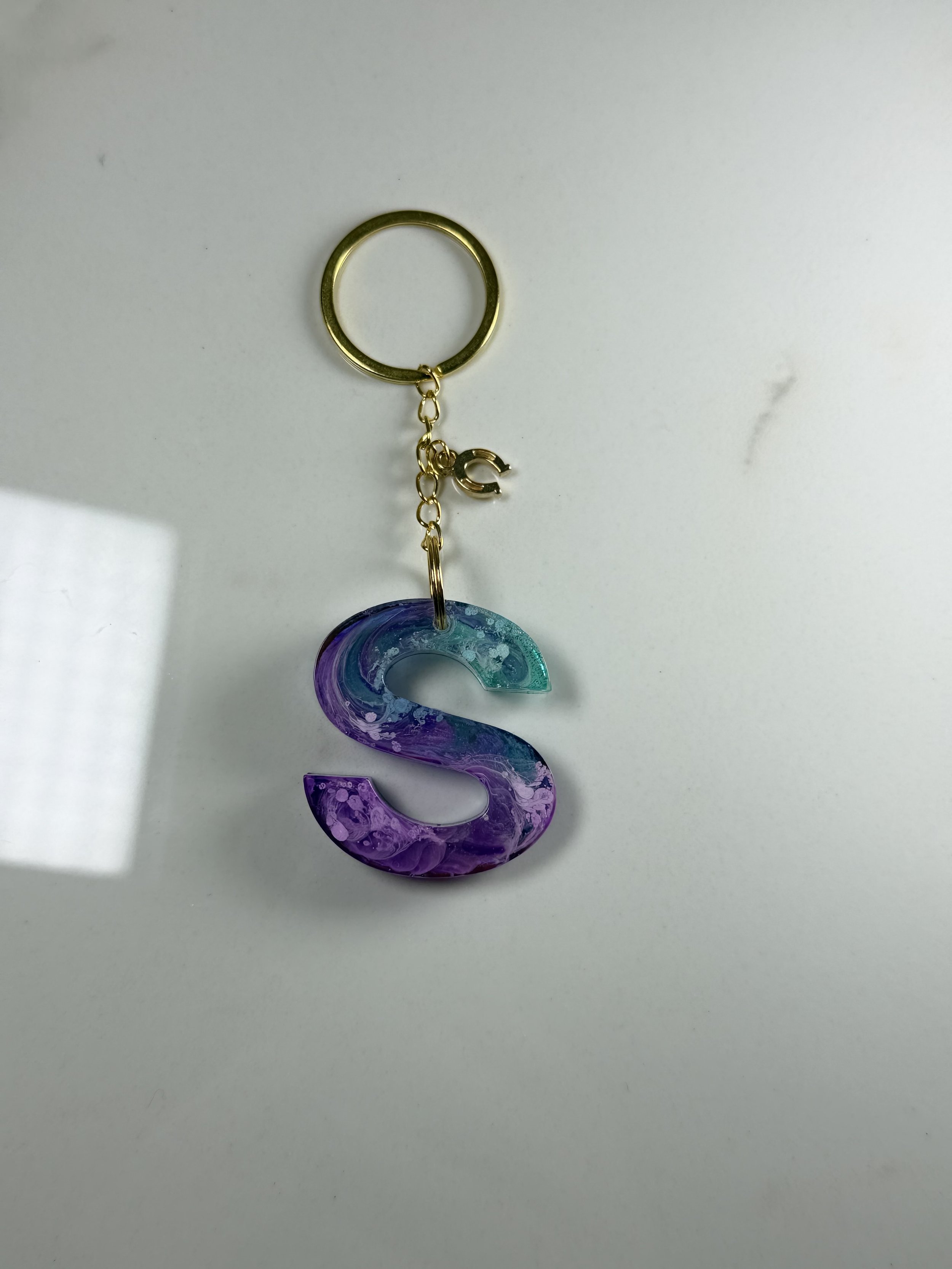 Vibrant Resin Letter S Keychain with Gold Charm #70