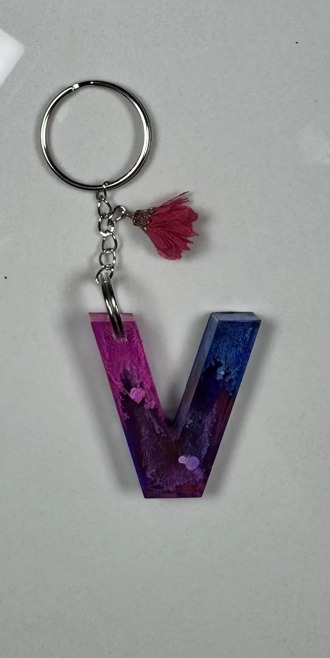Handcrafted Resin Letter V Keychain with Charm #278