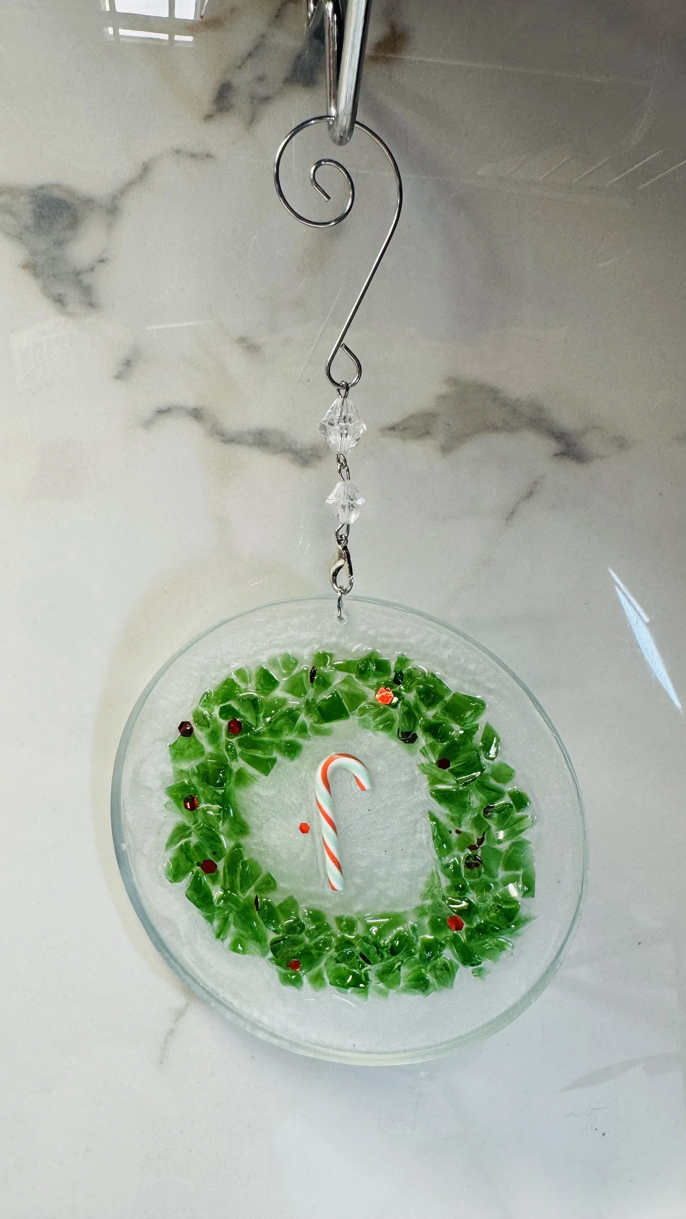 Handmade Resin Holiday Ornament with Wreath & Candy Cane #526