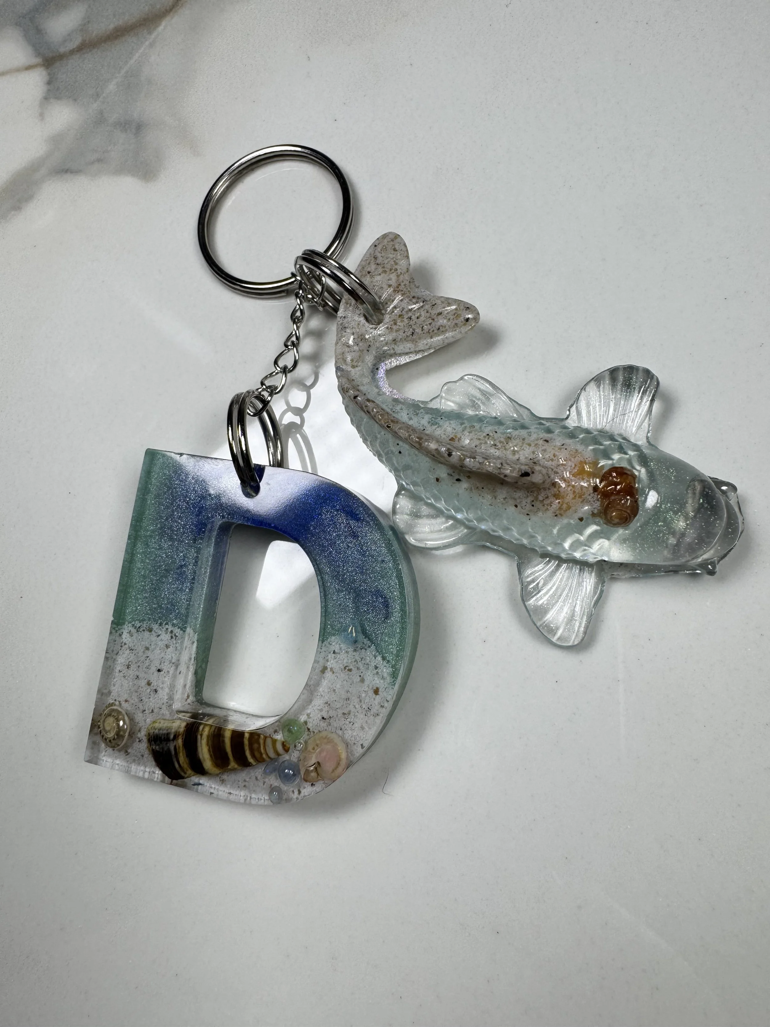 Ocean-Themed Resin Letter D Keychain with Koi Fish Charm #290