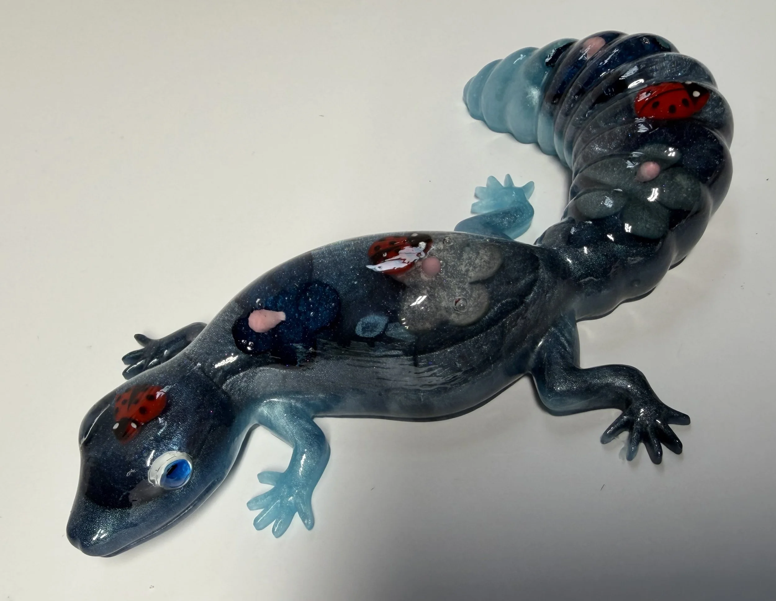 Resin Gecko - Enchanted Blue with Ladybugs