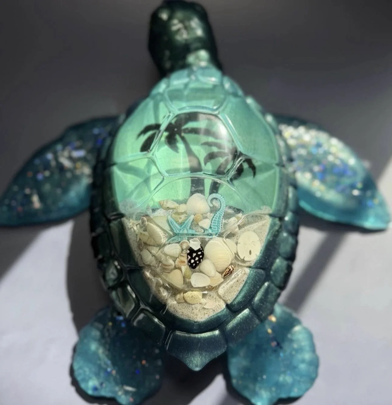 Large Resin Turtle Decor Beach Scene Inside Shell
