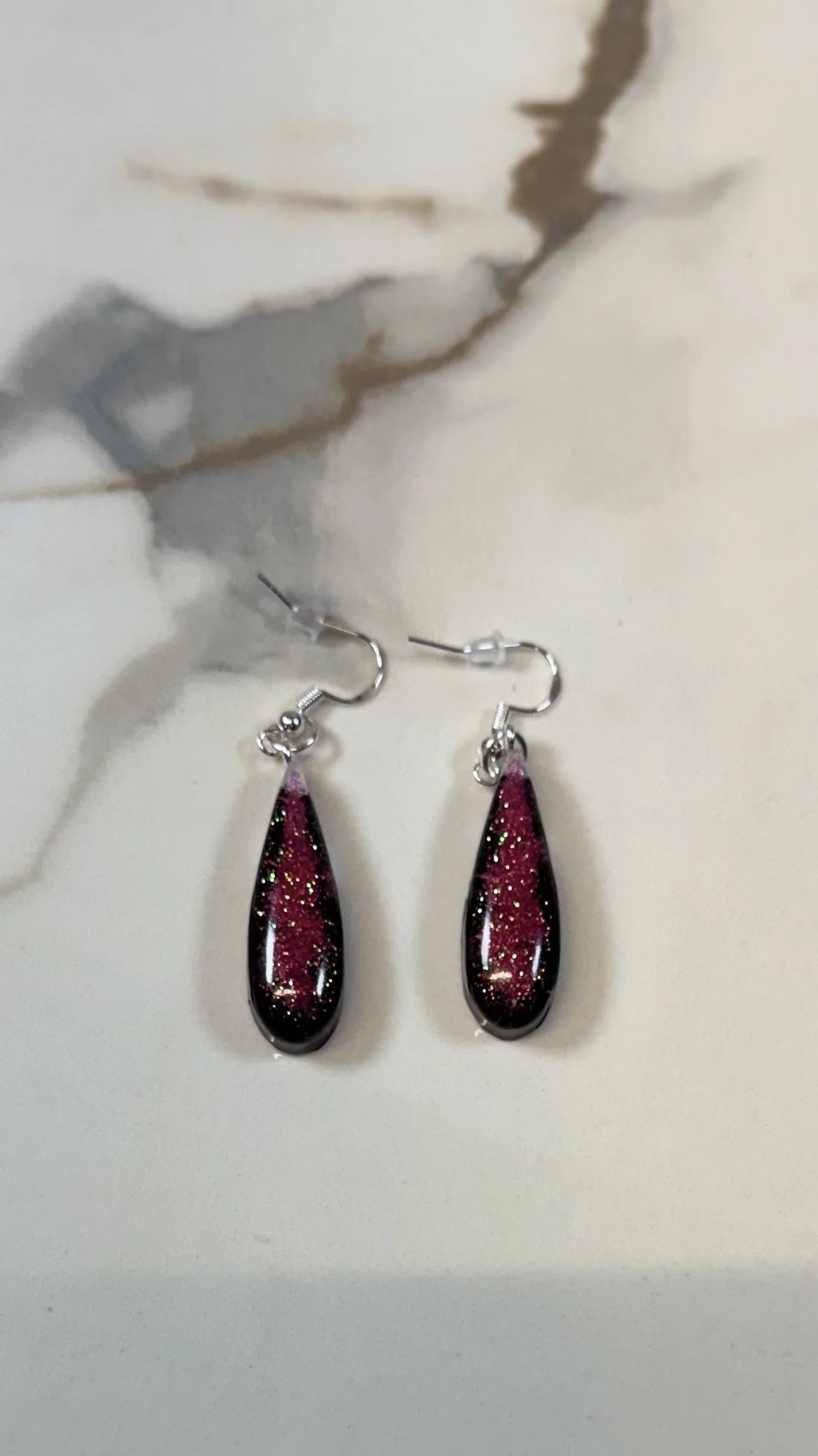 Black Teardrop Resin Earrings with Pink and Gold Glitter #381