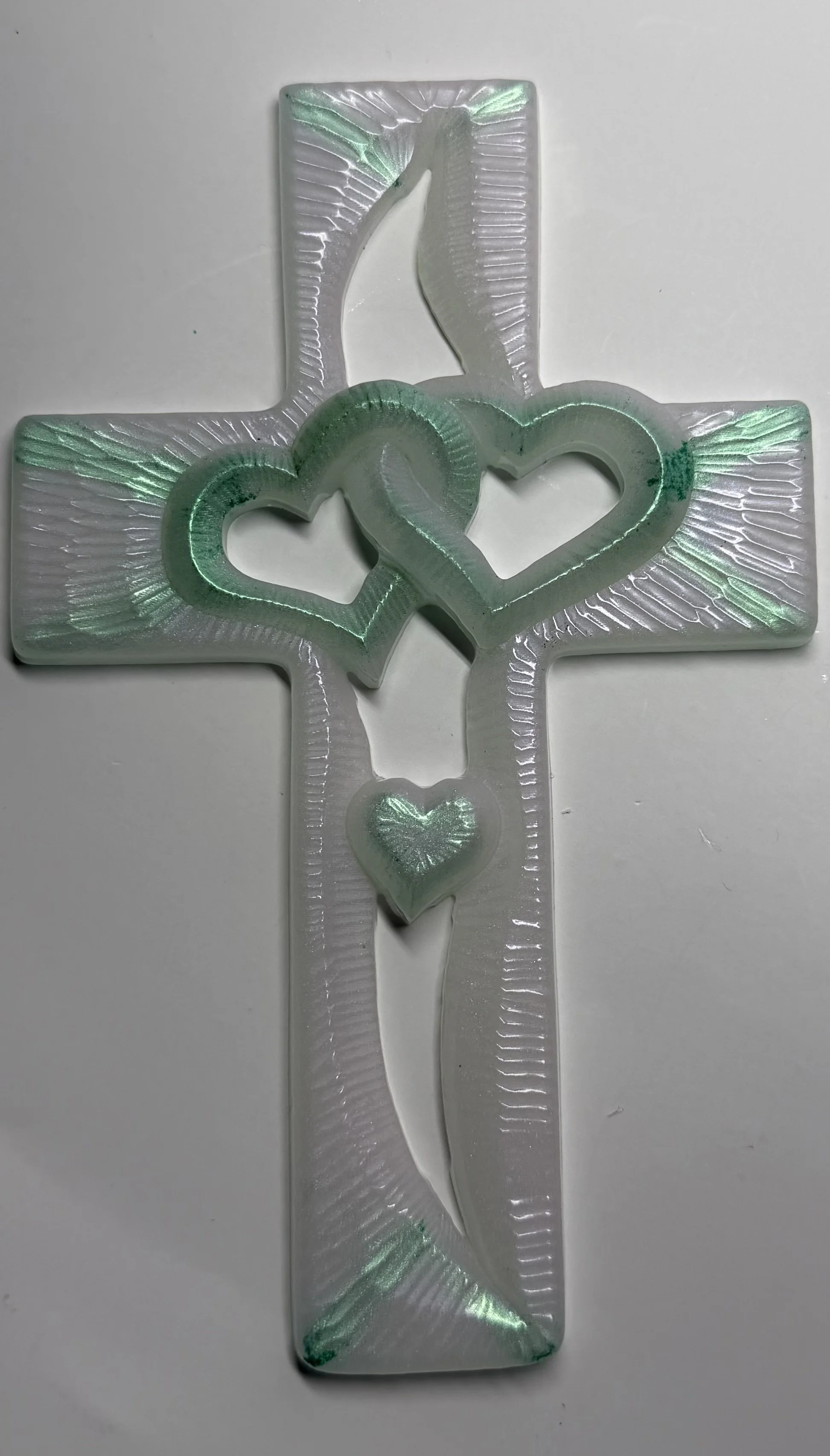 White & Green Sparkle Resin Cross with Heart Design