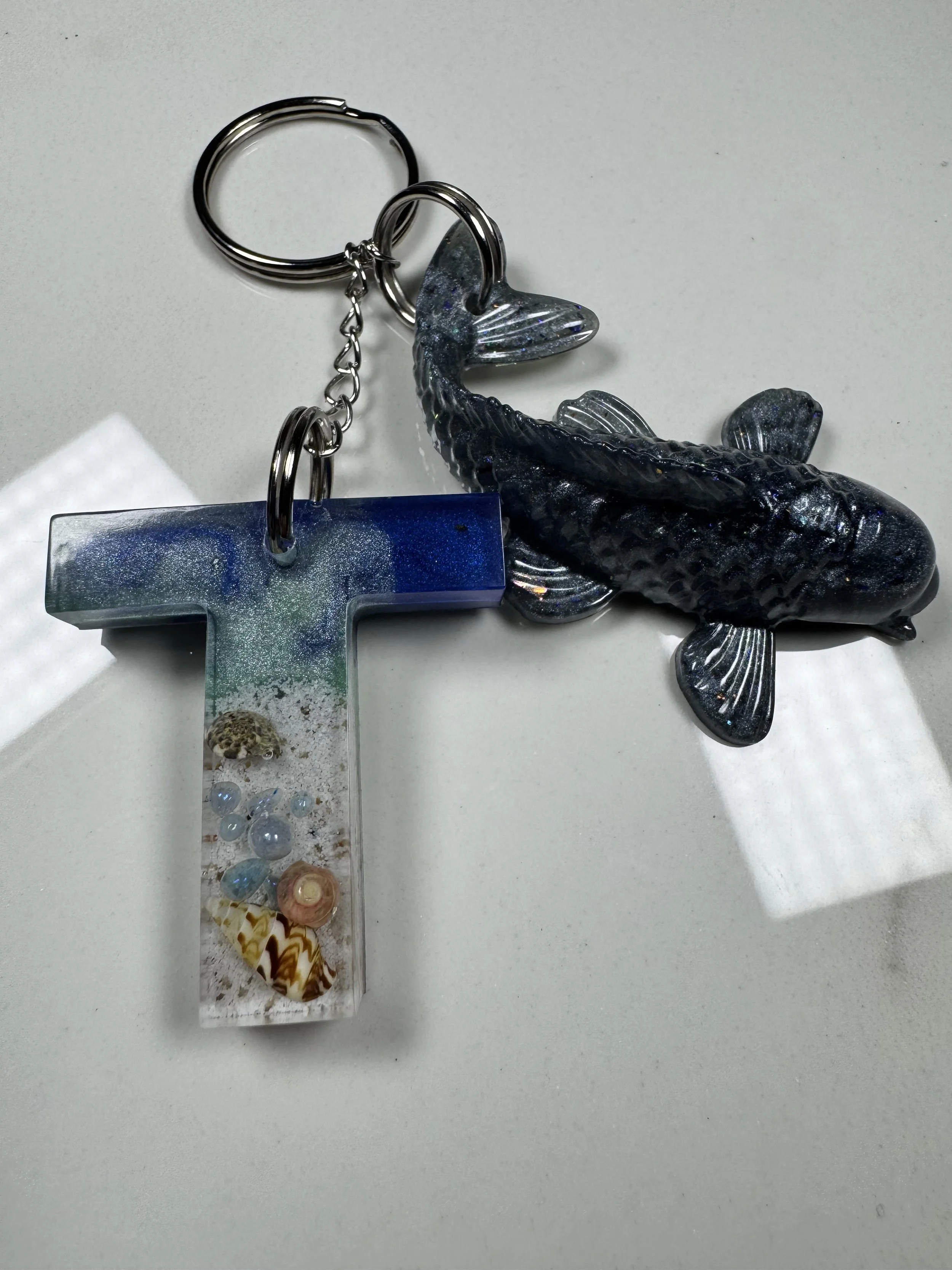 Ocean-Themed Resin Letter T Keychain with Koi Charm #158