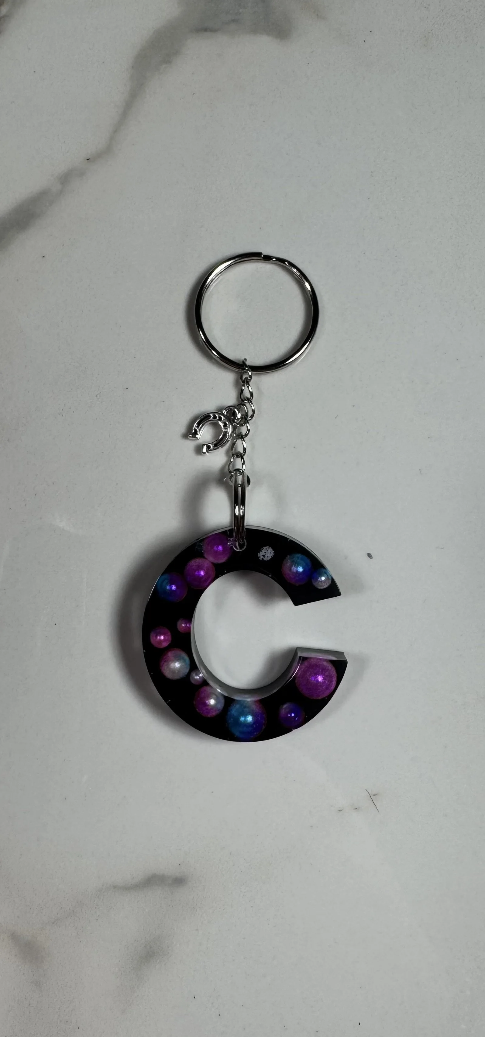 Resin 'C' Keychain with Colorful Pearls & Silver Horseshoe Charm #270