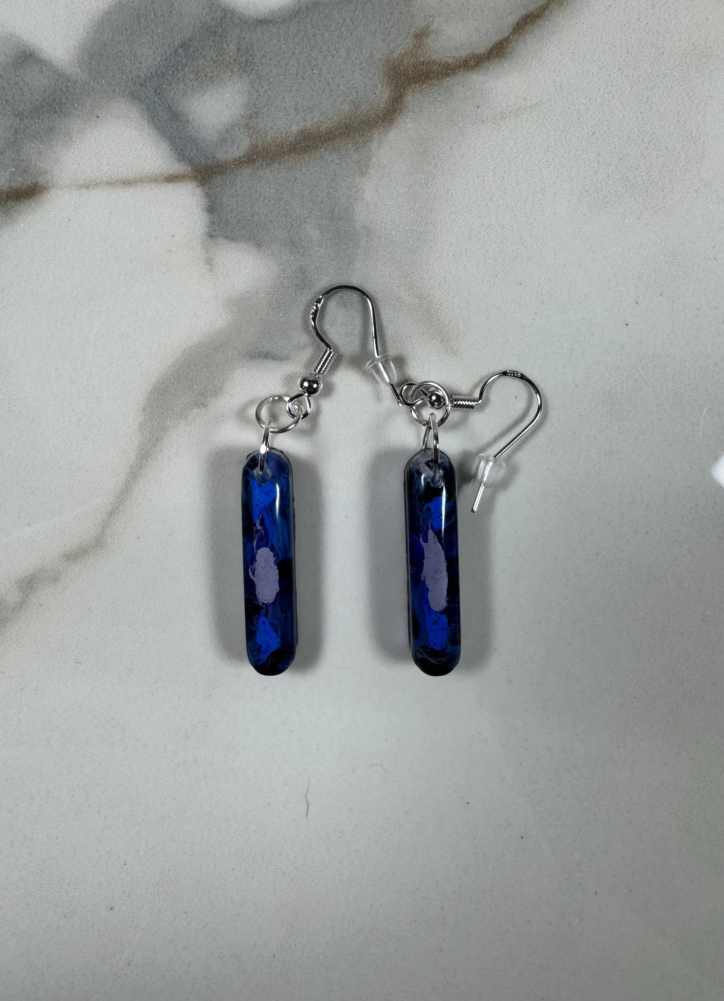 Elegant Long Oval Resin Earrings - Black, Blue, and White #247