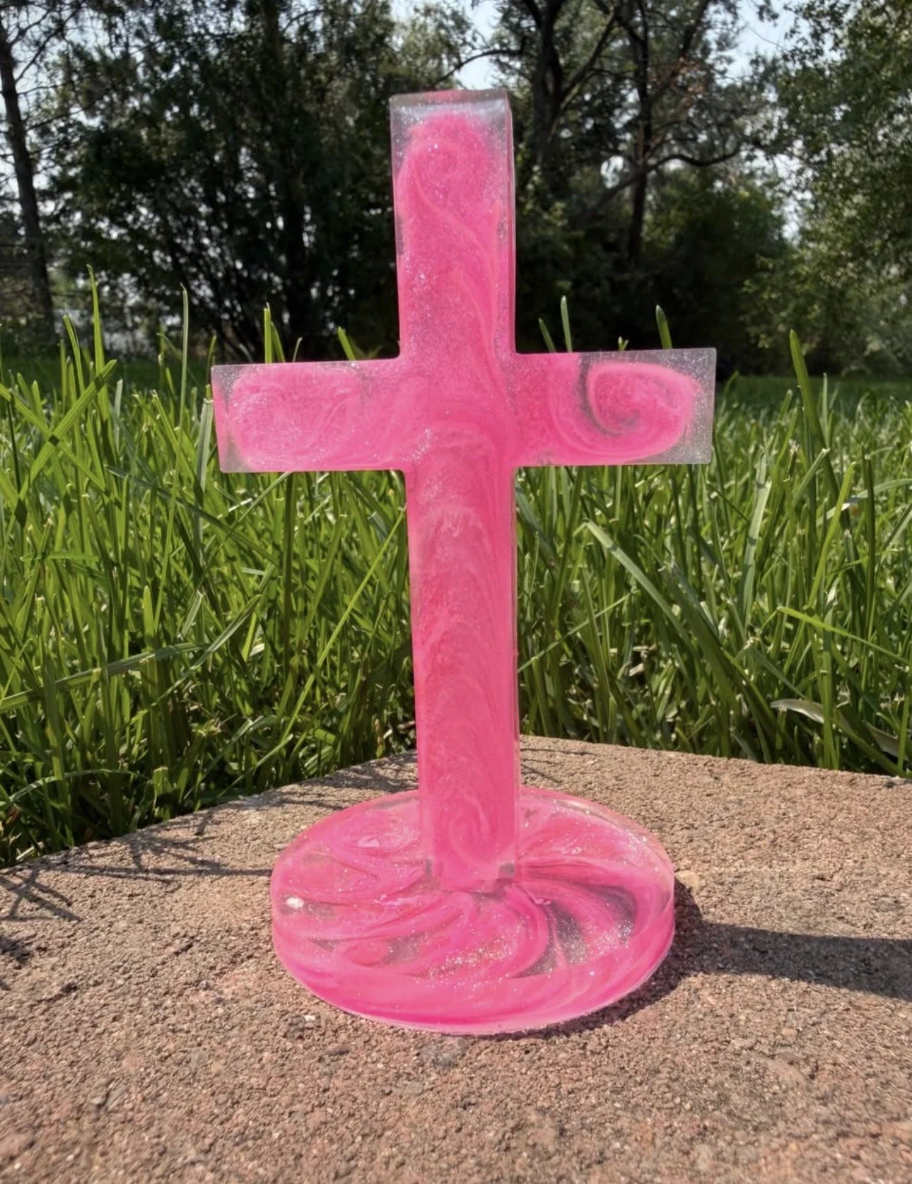 Handcrafted Pink Resin Cross with Stand #192