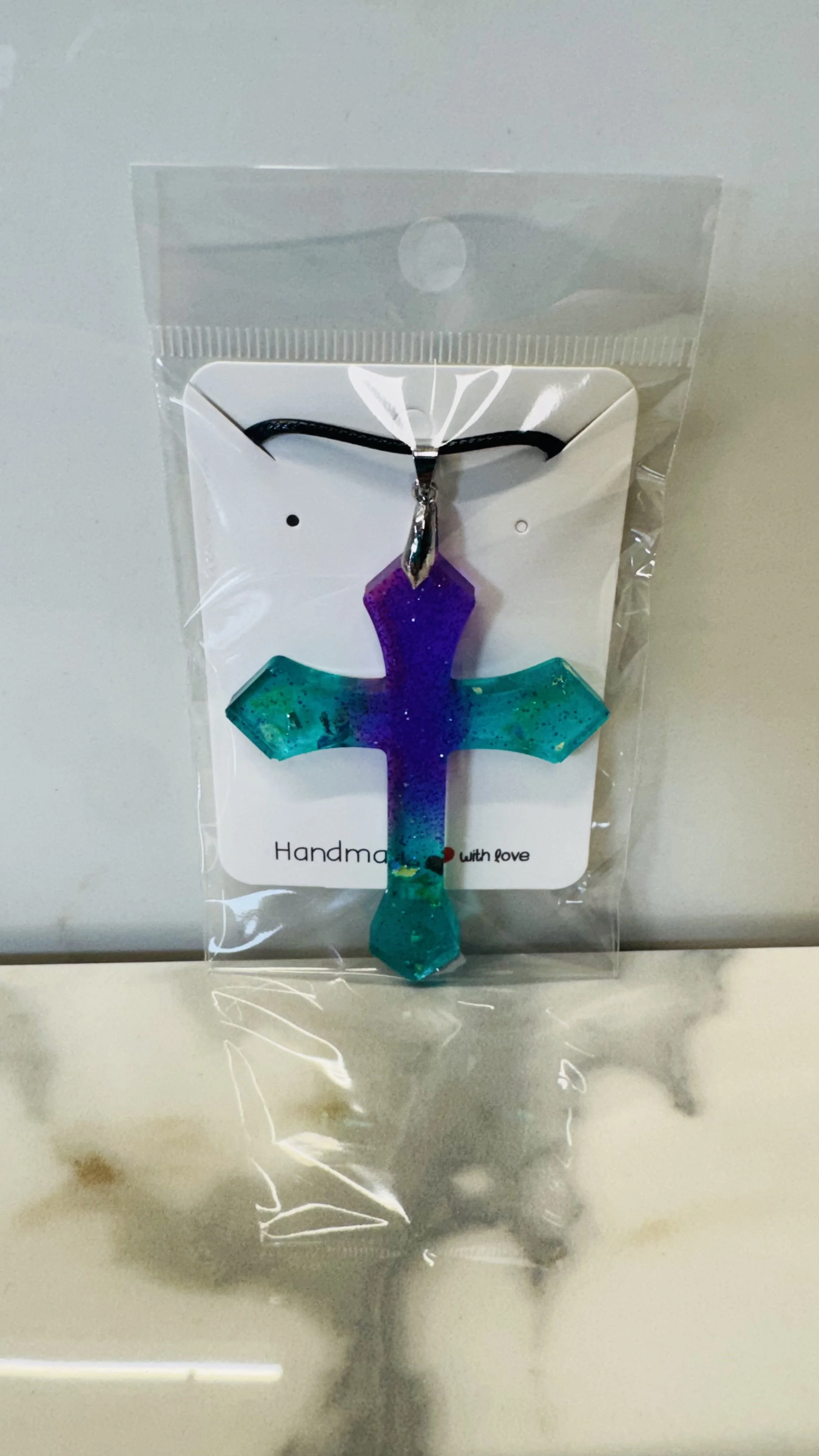 Handmade Purple and Teal Resin Cross Necklace #502