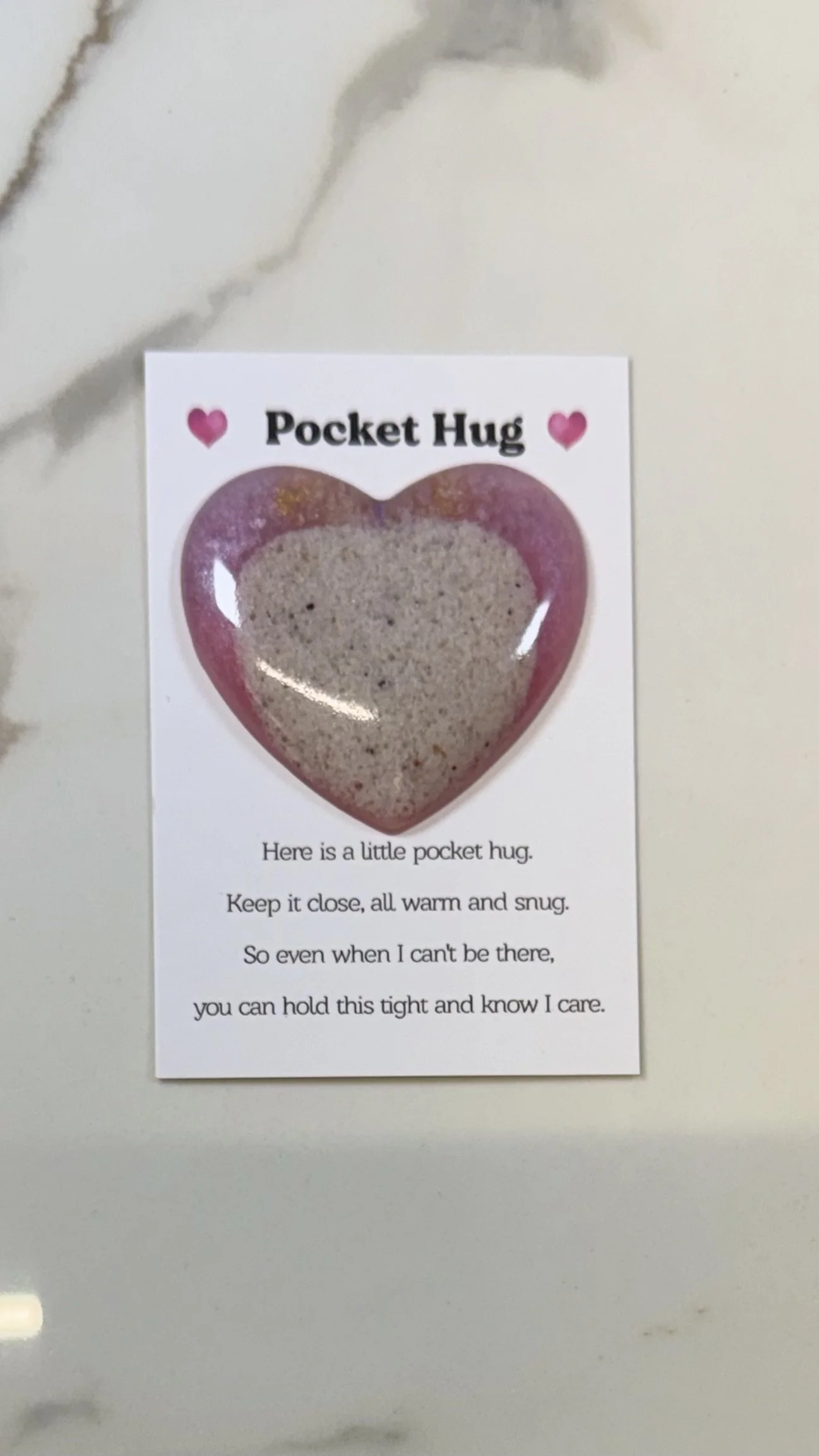 Heartfelt Pink with Sand Resin Pocket Hug with Quote Card #564