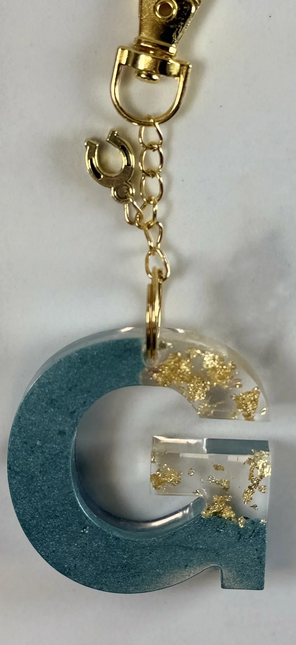 Turquoise Resin Letter G Keychain with Gold Horseshoe Charm #28