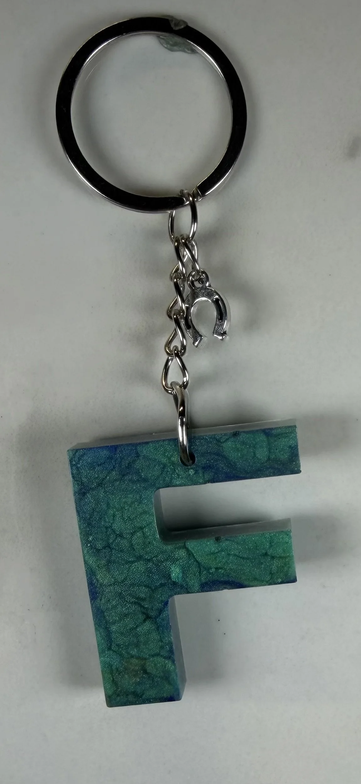 Teal & Blue Resin Letter F Keychain with Horseshoe Charm