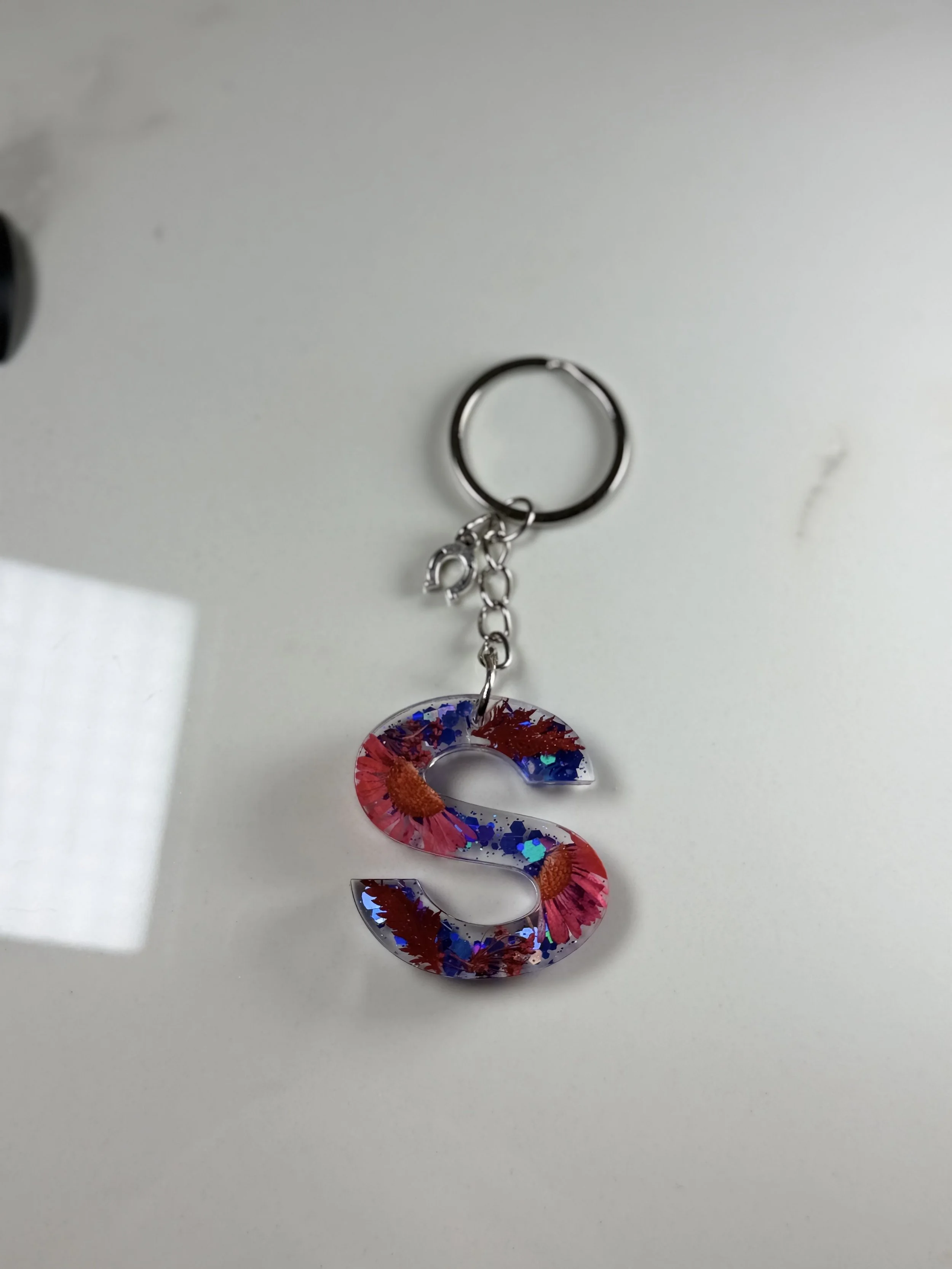Handmade Resin 'S' Keychain with Floral Design #91