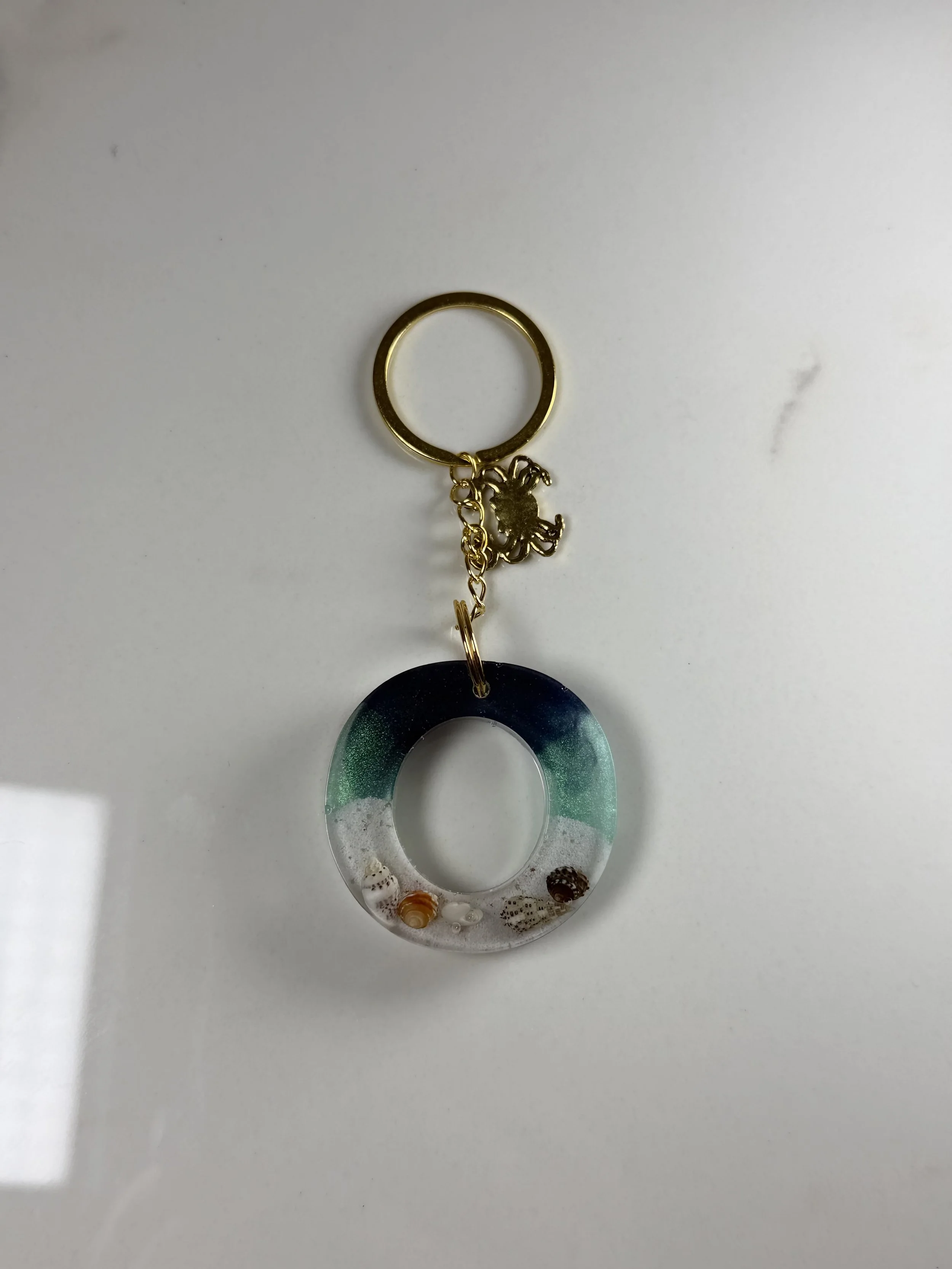 Ocean-Themed Resin Letter O Keychain with Gold Crab Charm #35