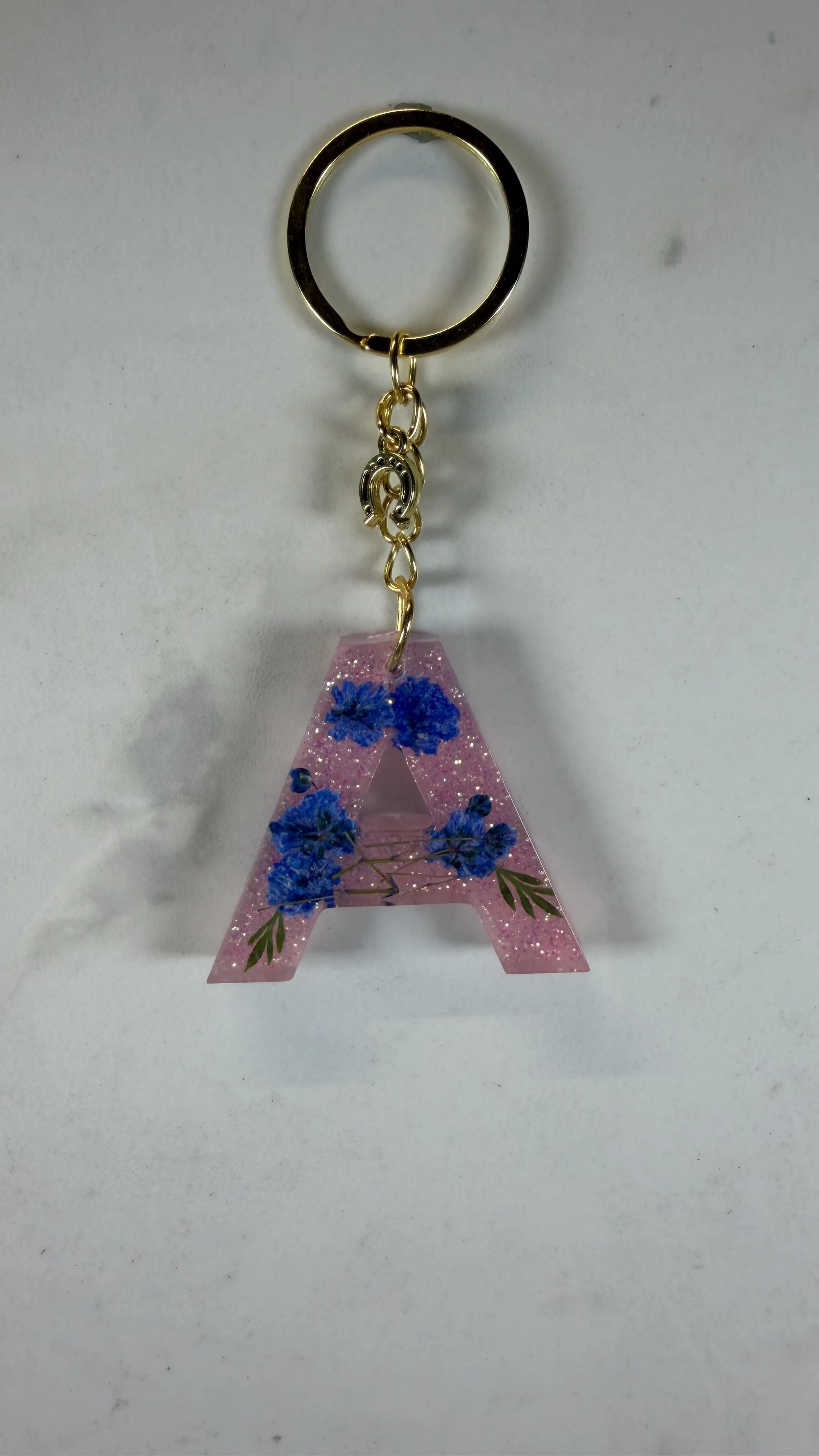 Sparkly Pink Resin Letter 'A' Keychain with Gold Charm
