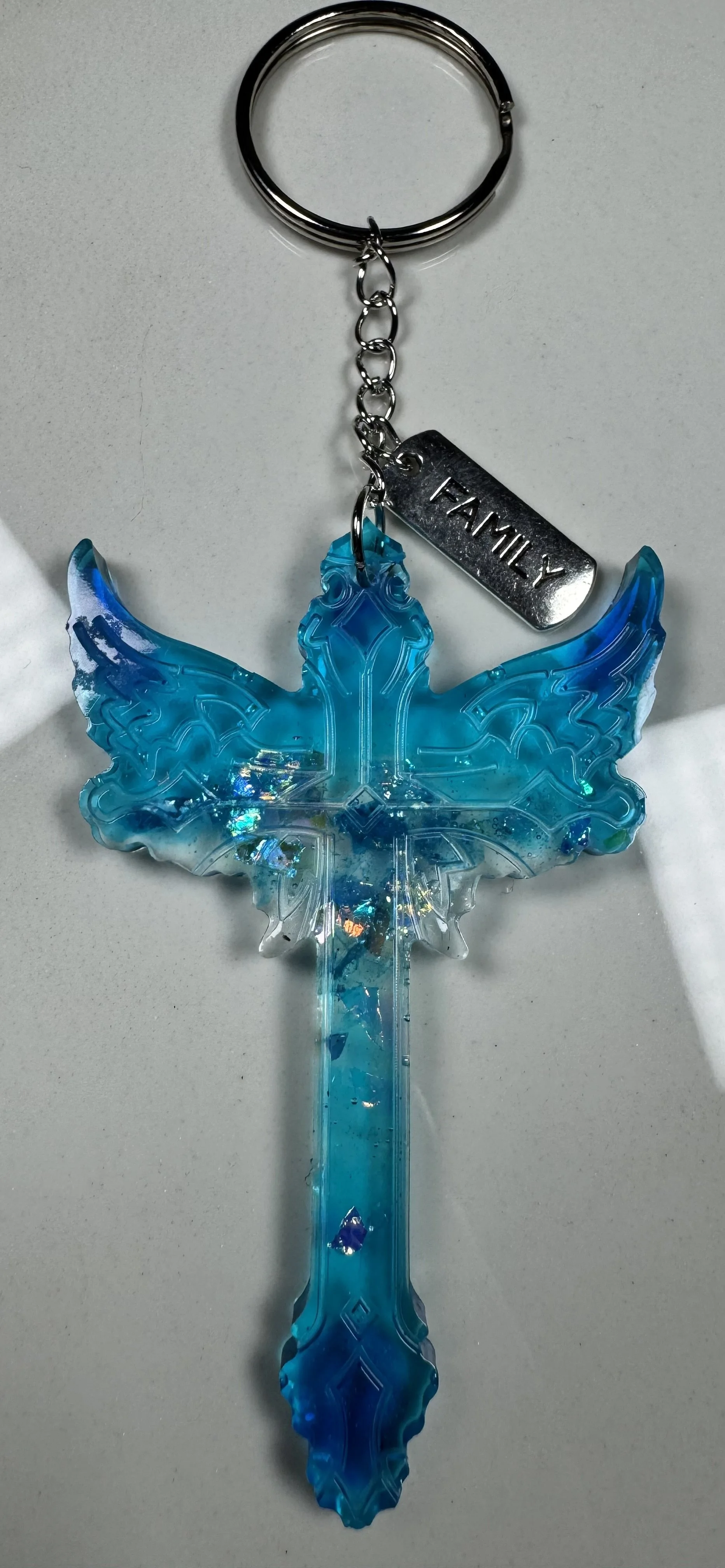 Handmade Blue Resin Cross Keychain with 'Family' Silver Charm #8