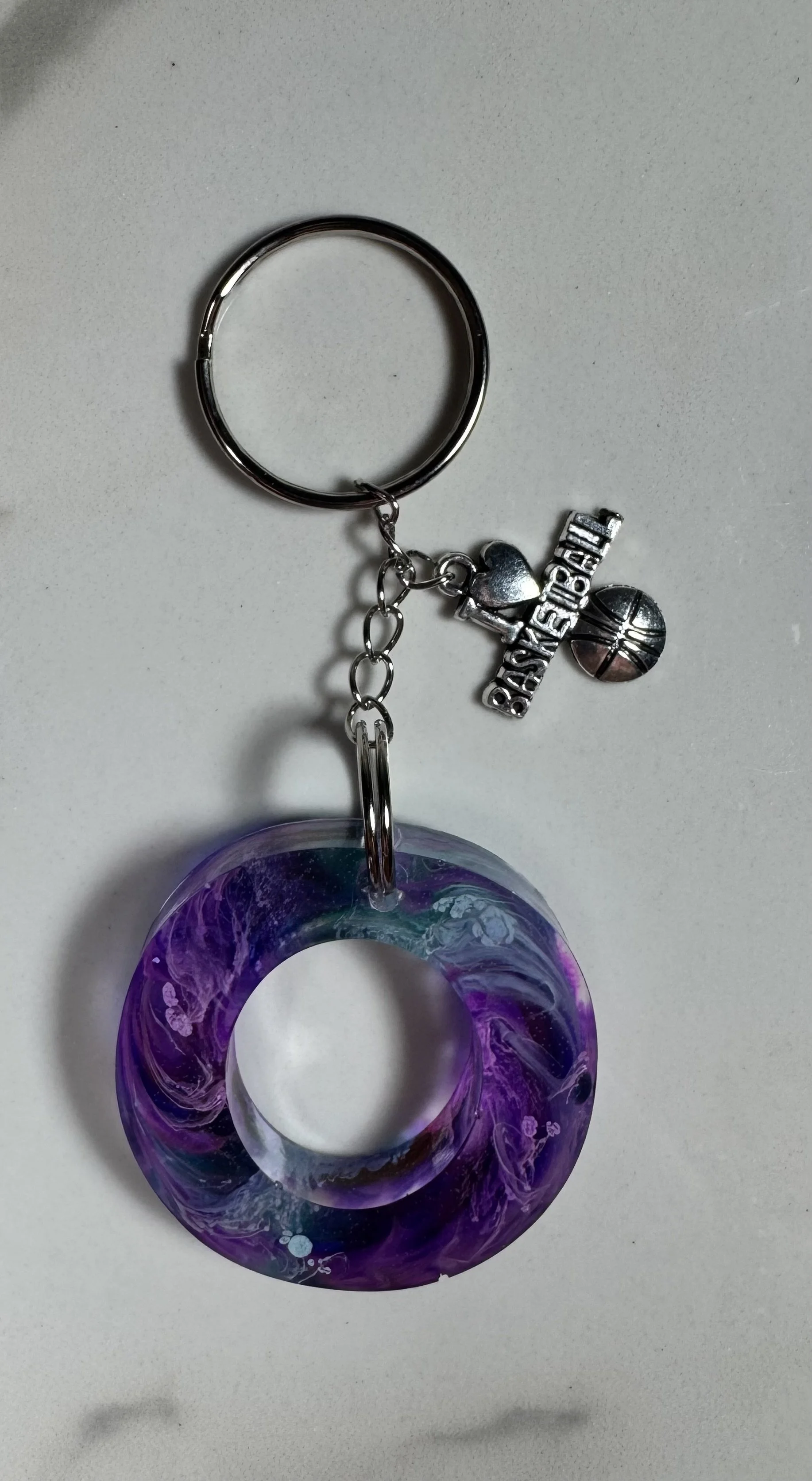 Purple & Teal Swirl Resin Letter O Keychain with Basketball Charm #207