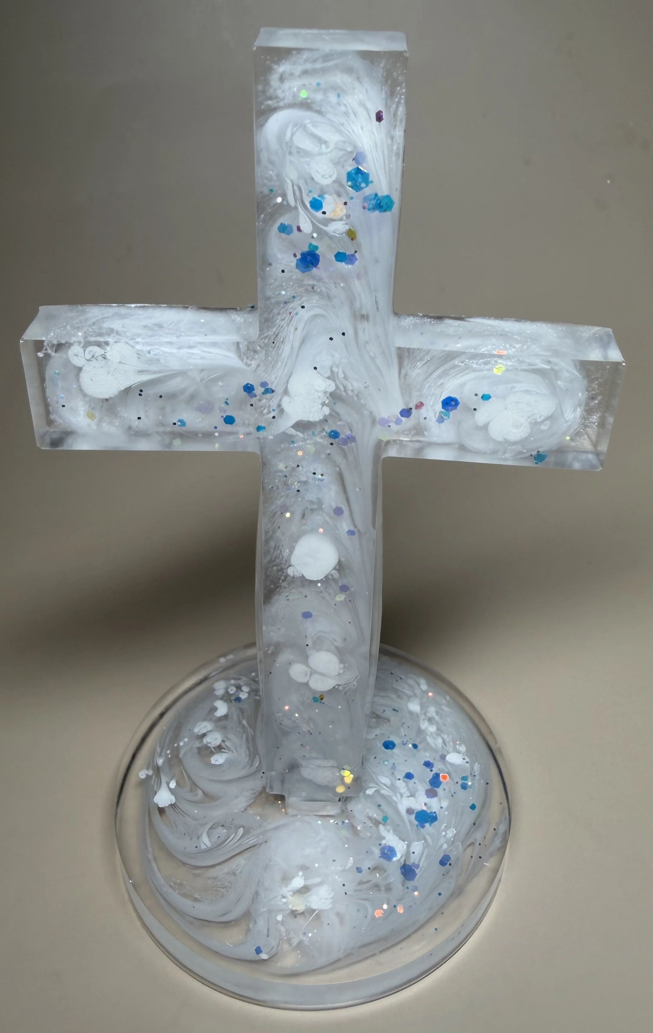Sparkling Resin Cross with Stand - White & Clear