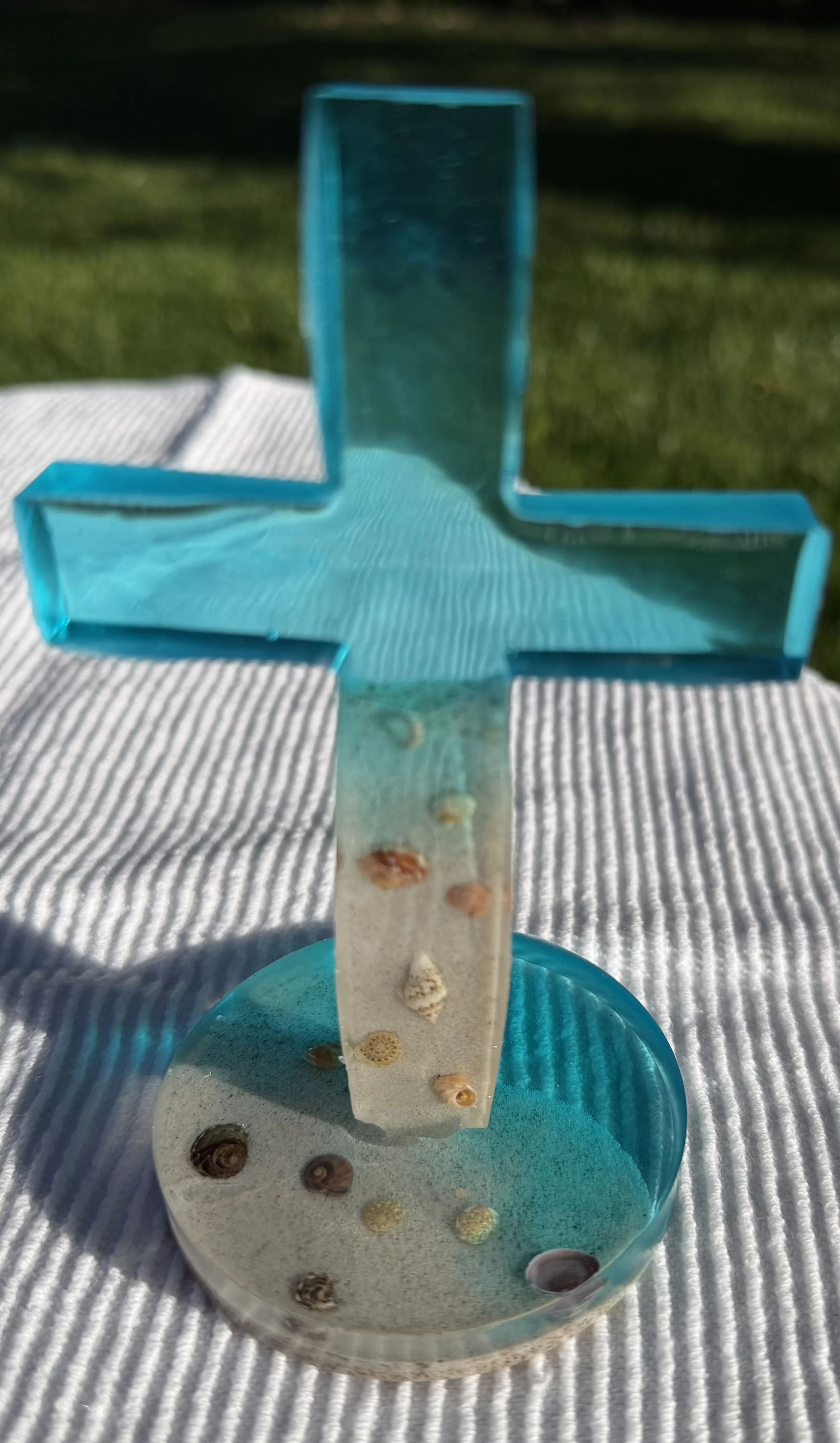 Ocean-Themed Resin Cross with Seashells Light Blue