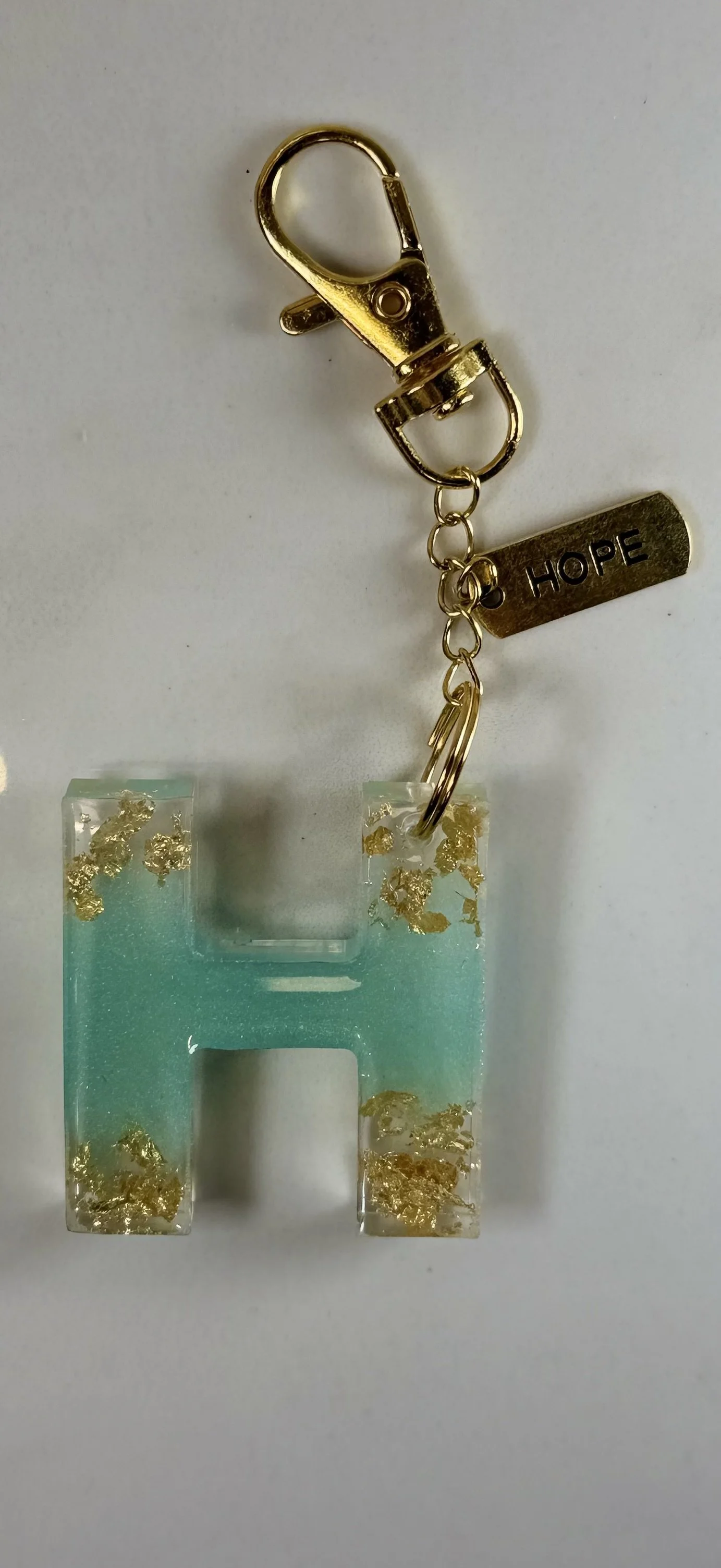 Teal Resin Letter 'H' Keychain with Hope Charm #47