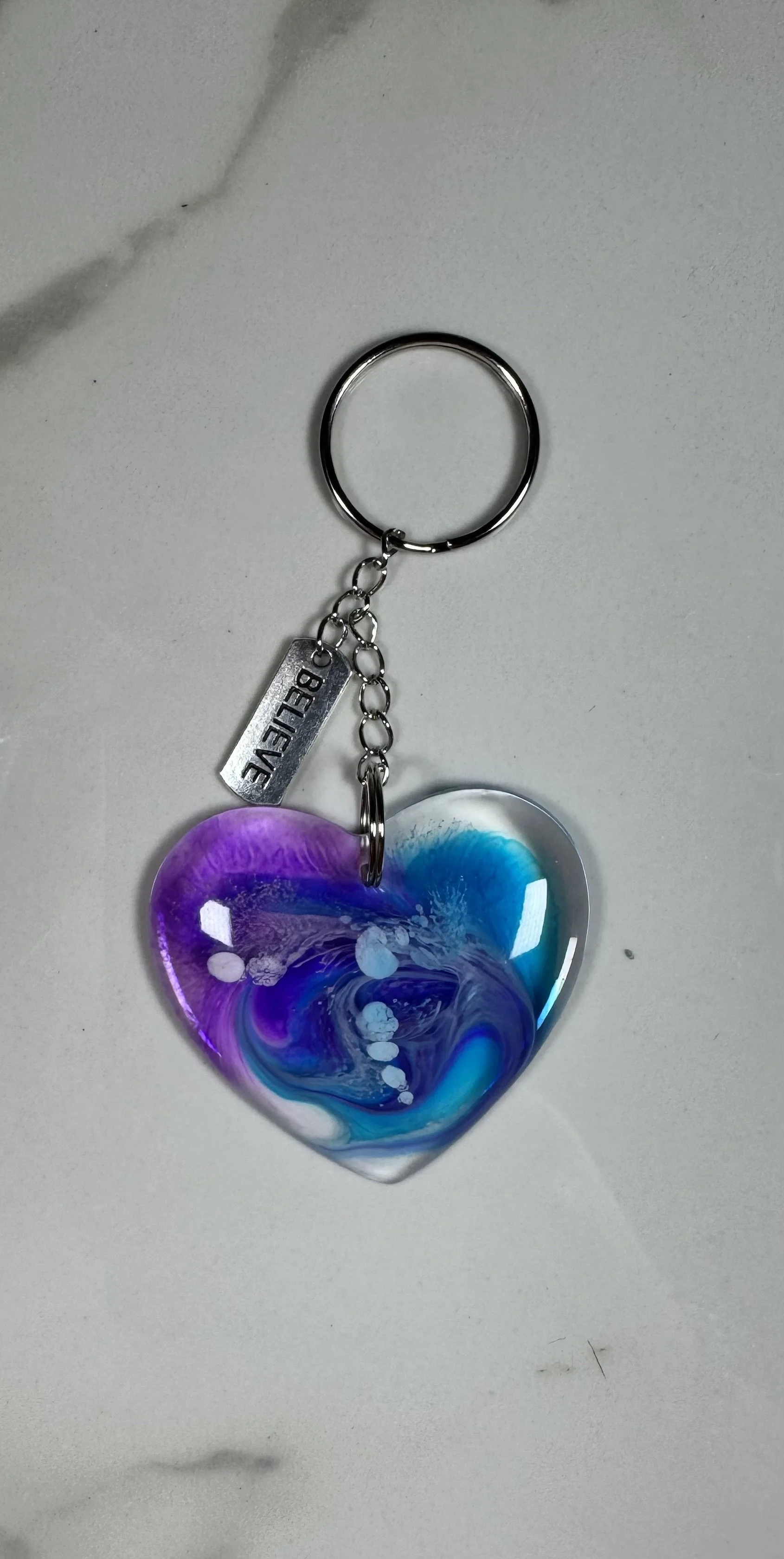 Swirl Resin Heart Keychain with BELIEVE Charm #205