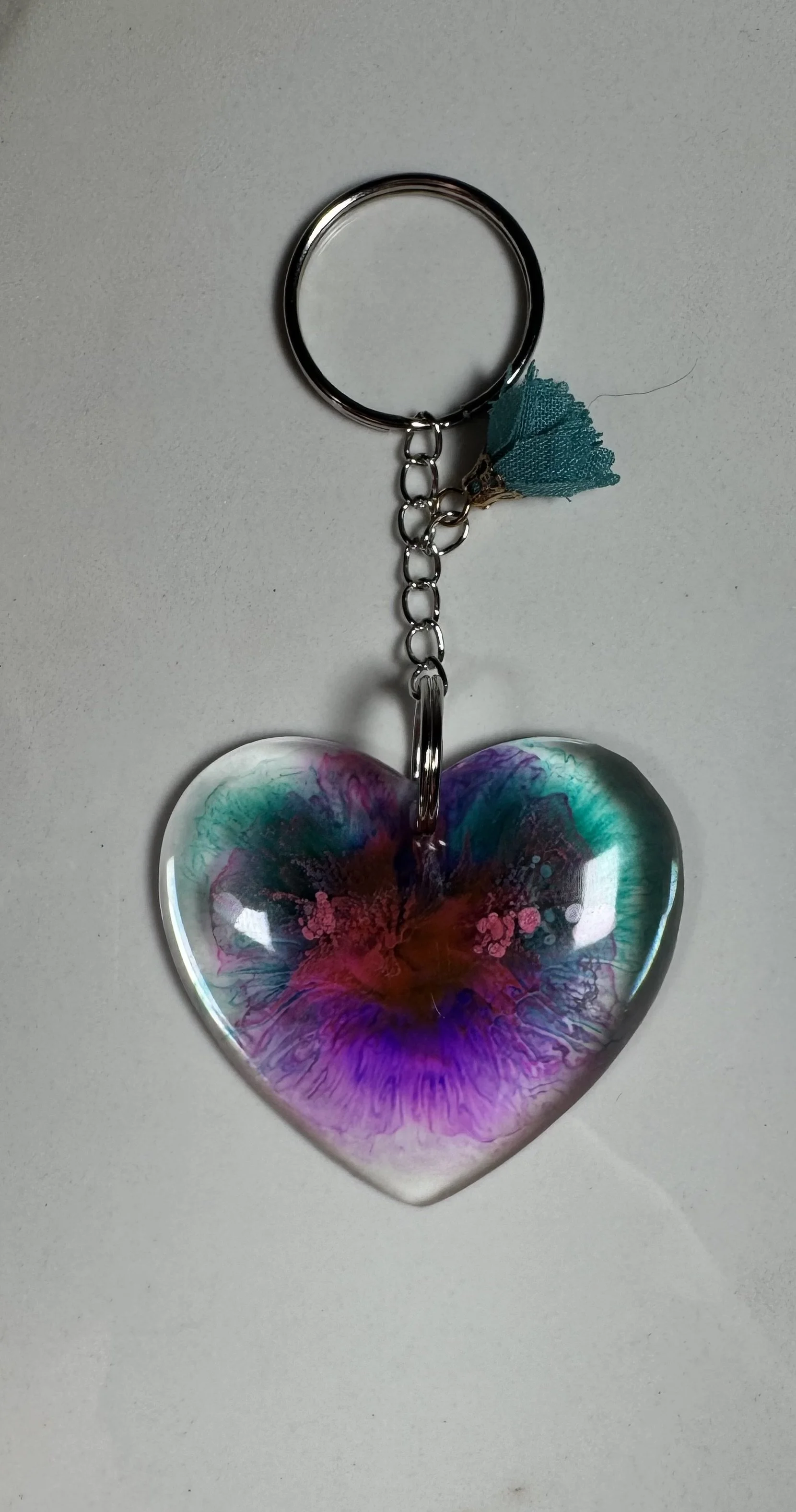 Handmade Resin Heart Keychain with Teal Flower Charm #213