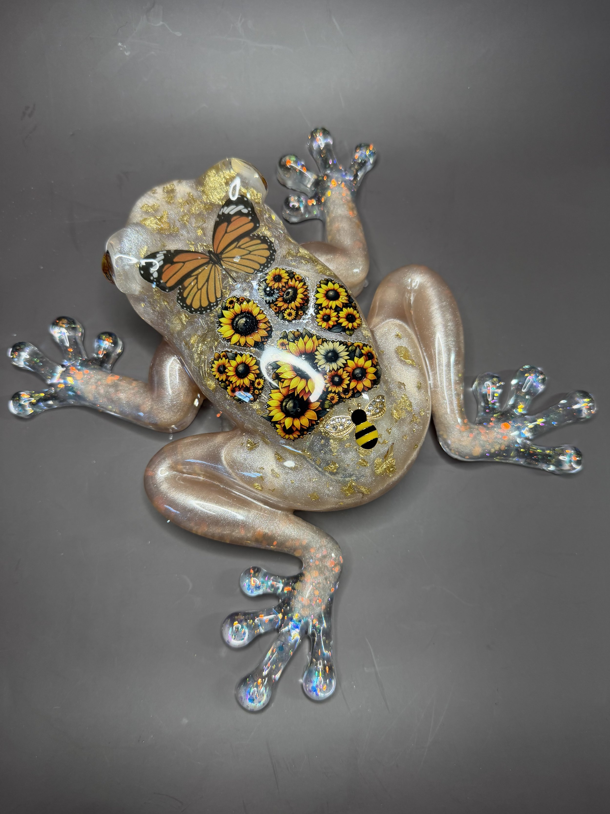 Light Up Resin Frog with Sunflowers, Butterflies, and Bees