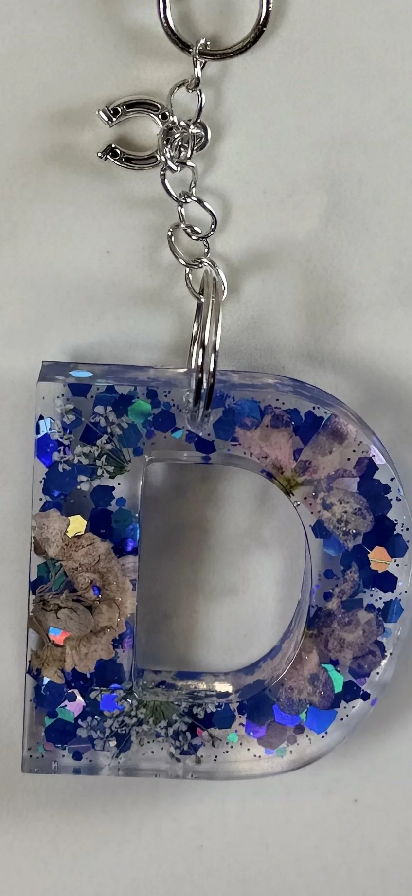 Elegant Resin Letter D Keychain with Silver Horseshoe Charm #89