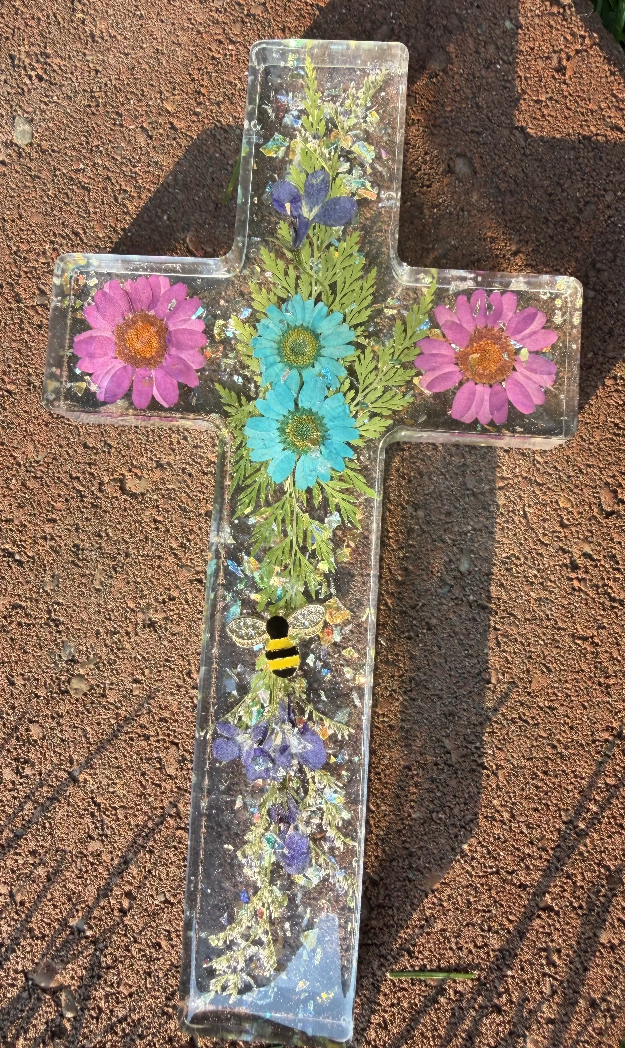 Handmade Floral & Bee Resin Cross #71