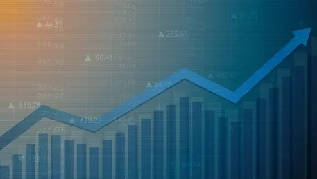 Line and bar graph showing financial or data growth with upward trend and upward arrow.