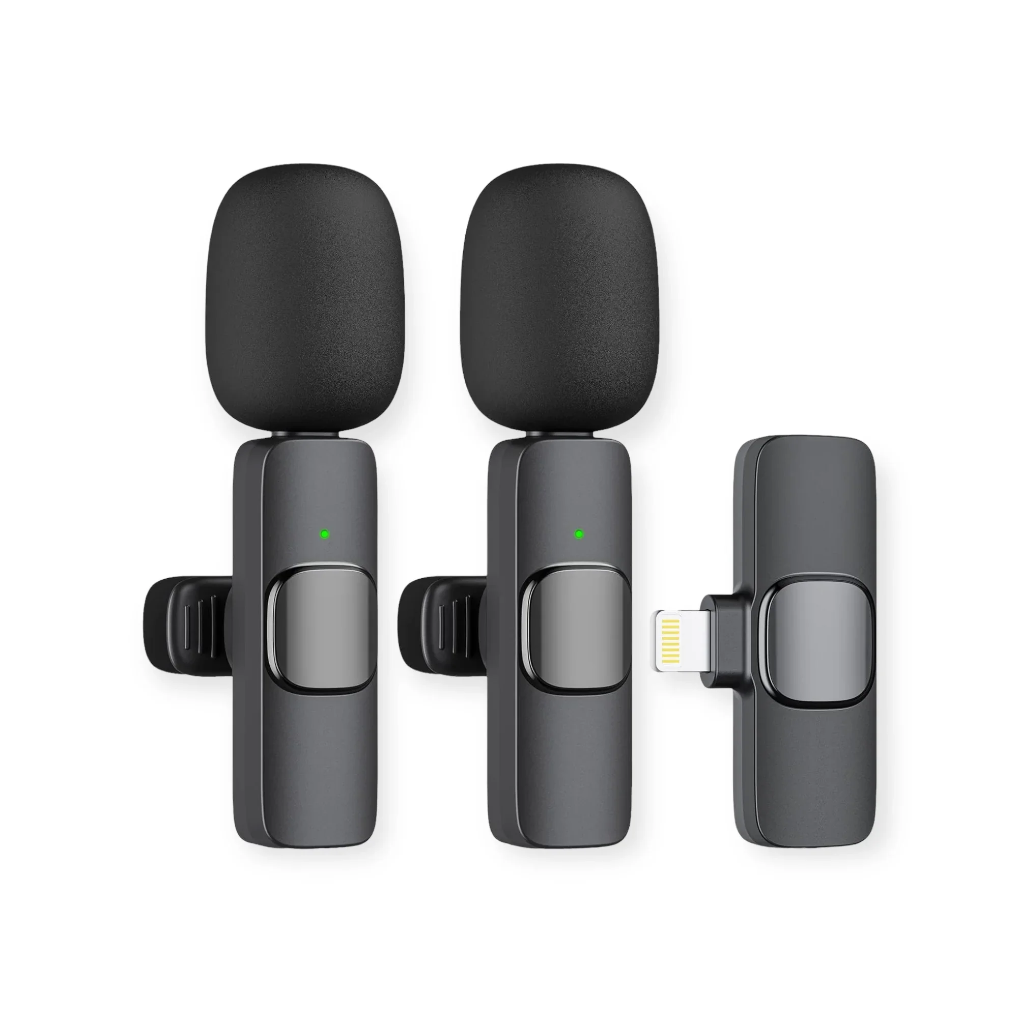 Close-up of three black wireless earbuds with charging case, all on a white background.