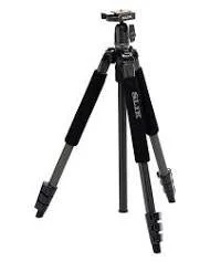 A black camera tripod with adjustable legs