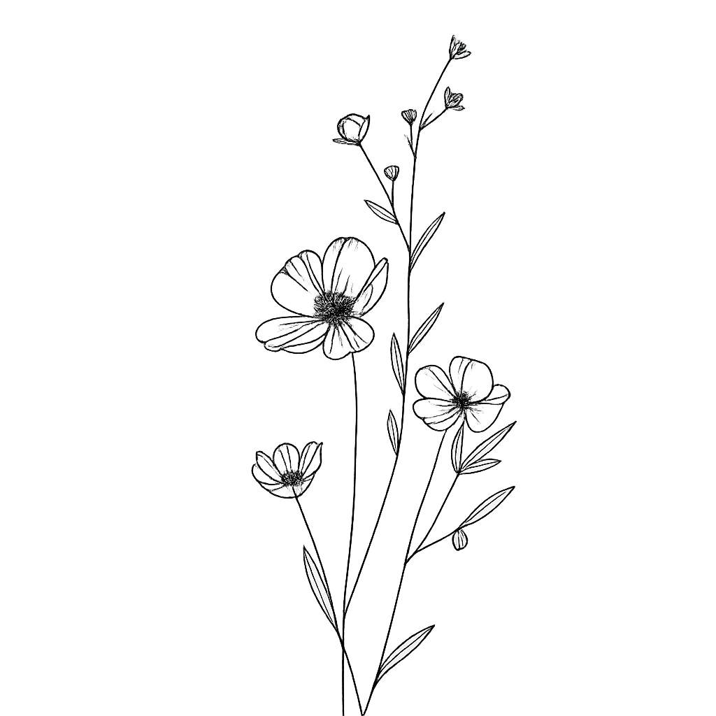 Line drawing of a flowering plant with small flowers and elongated leaves, accompanied by butterflies.