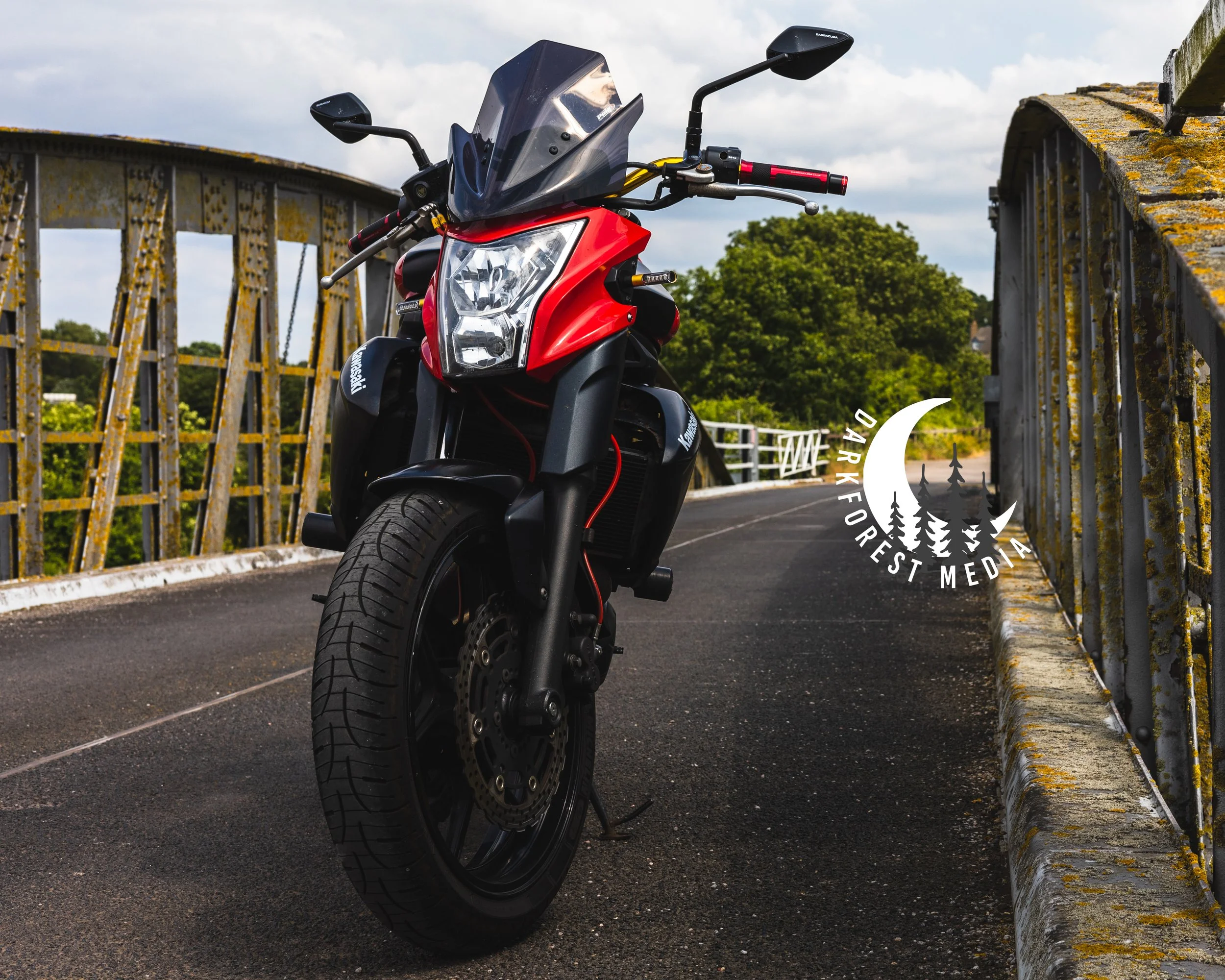 A red motorcycle parked on a bridge with yellow moss-covered railings, trees in the background, and a cloudy sky.