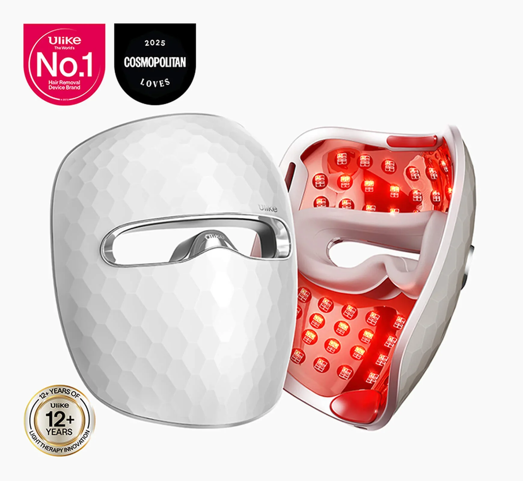 A Ulike hair removal device with a white hexagonal pattern on its surface, showing a partial digital interface, alongside an illustration of the device's inner component with red glowing LED lights. The packaging highlights the brand's 12+ years of innovation and recognition as the number one hair removal device brand and features labels indicating the device's popularity and awards, including a 2025 Cosmopolitan Love Award.